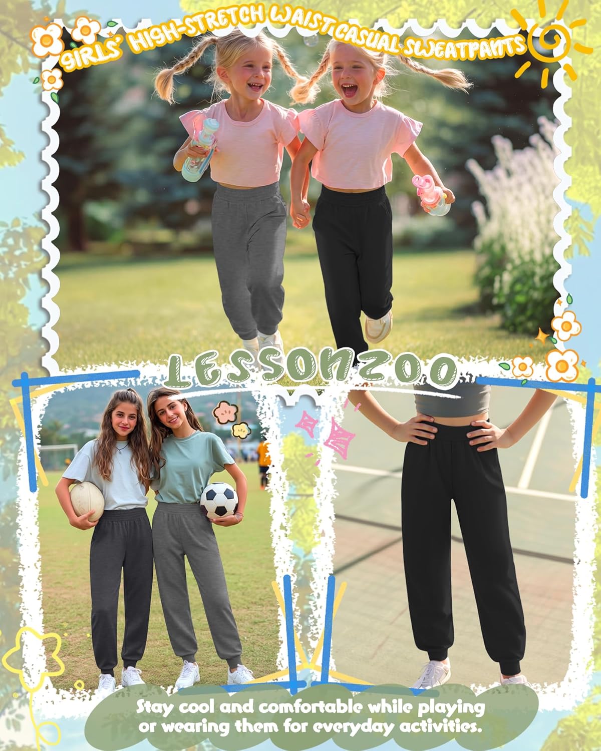 3 Pack Girls Jogger Pants Lightweight Tapered High Elastic Waist Joggers Casual Athletic Sweatpants with Pockets