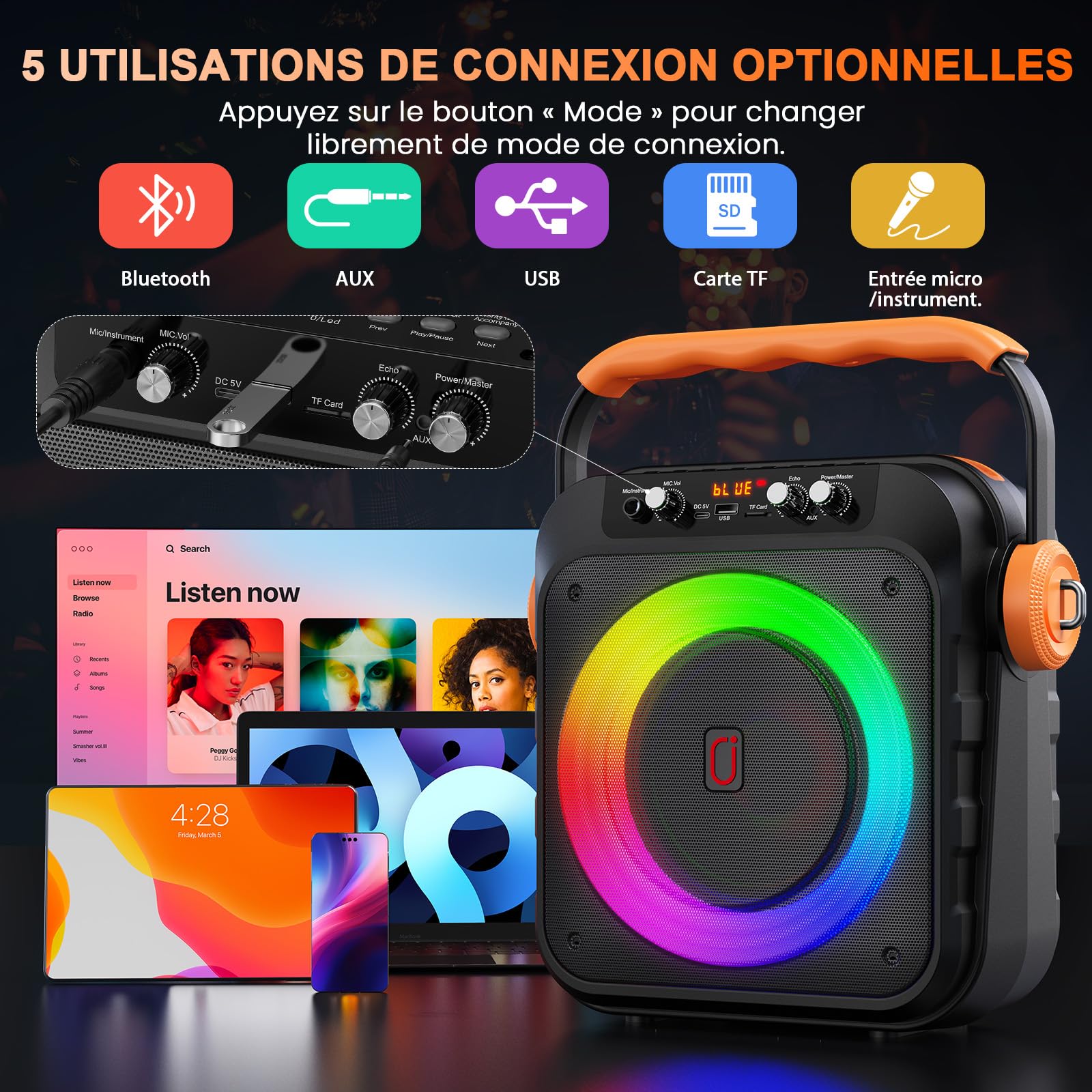 JYX Enceinte Karaoke 2 Micro sans Fil, 80W Puissance Système de Sonorisation, Subwoofer 6,8'' karaoké Professionnel, Batterie 6500mAh, Lumières LED, Idéal pour Fêtes