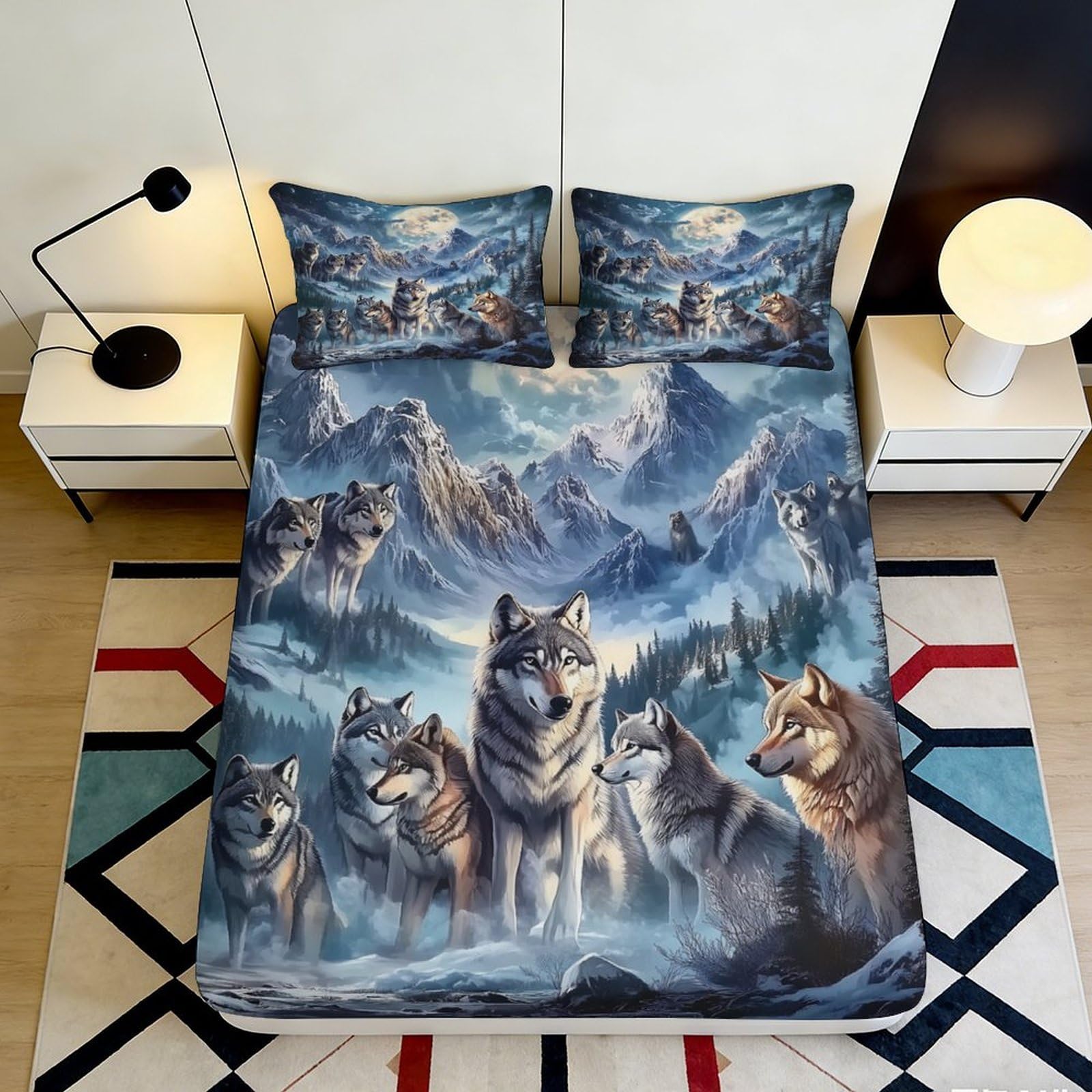 3D Printed Wolf Mountain Fitted Sheet Microfiber Bedroom Decor Forest Night Mattress Cover for Home Guest Room 90x200x25cm