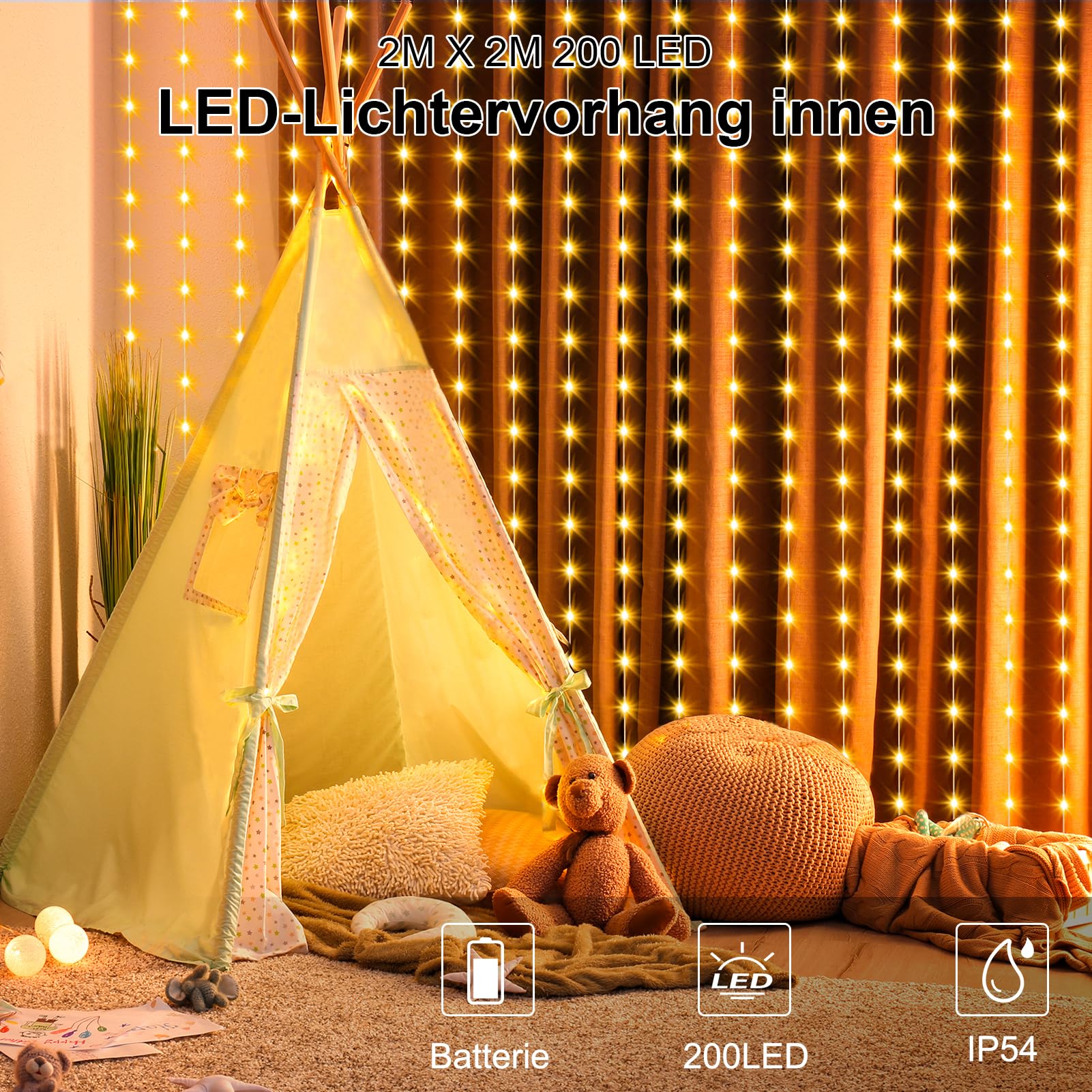 DBFAIRY Tenda luci fiabesche 2x2m 200 LED tenda luci fiabesche 8 modalità LED luci fiabesche telecomando timer luminosità regolabile per festa di Natale decorazione interna ed esterna (bianco caldo)