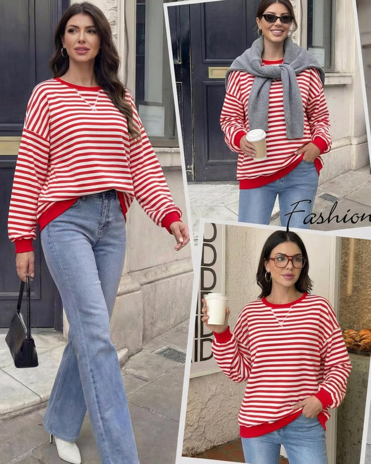 Women Oversized Striped Sweatshirt Casual Long Sleeve Pullover Shirt Crew Neck Color Block Loose Top Fall Winter - Image 2