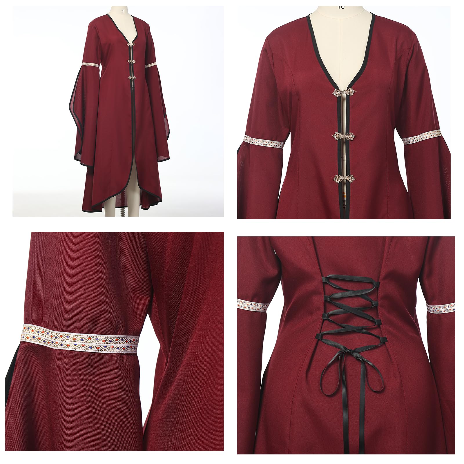 FAD-4U Medieval Renaissance Robe for Women Long Cloak Dress with V-Neck and Bell Sleeves - Image 3
