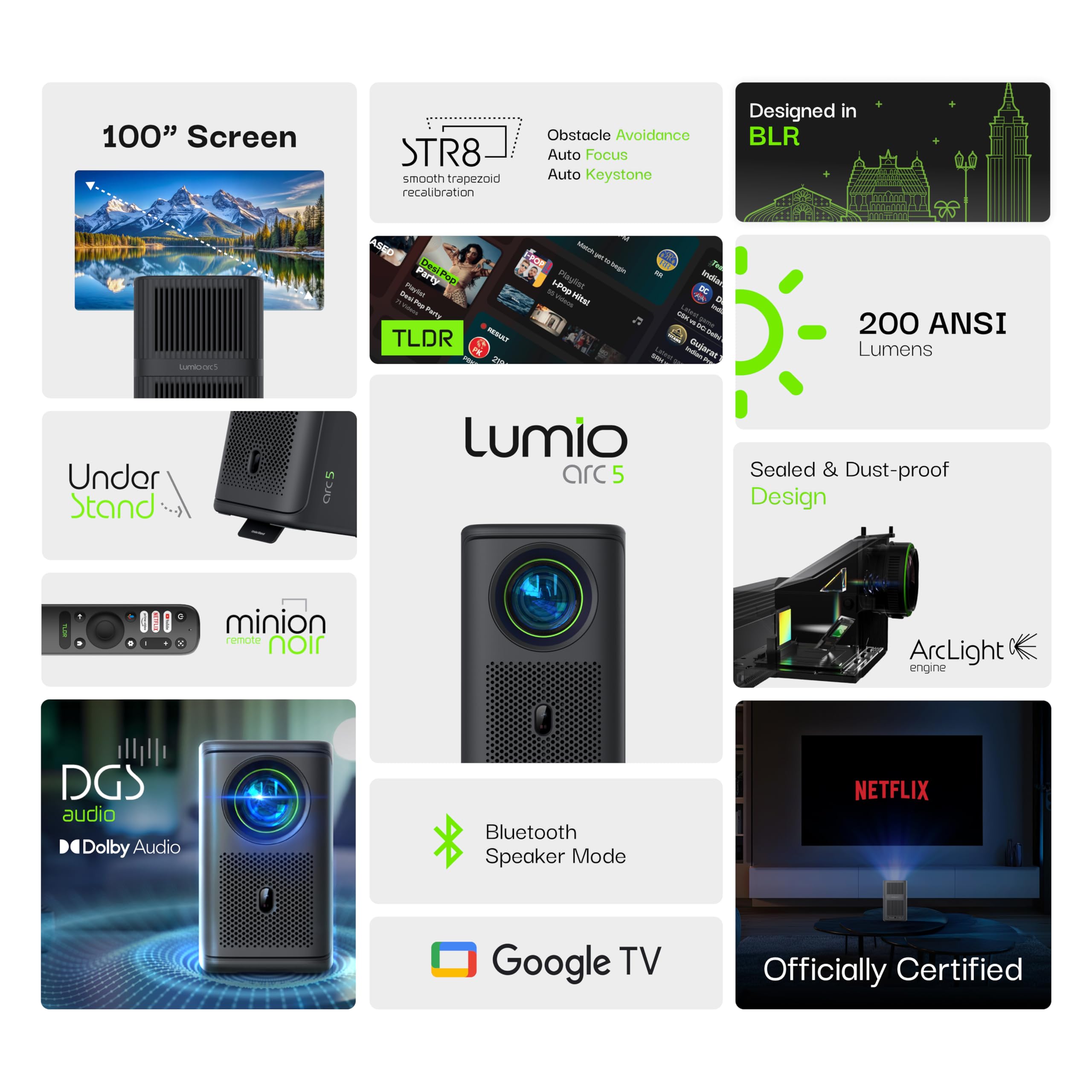 Lumio Arc 5 Portable Home Projector | Official TV with Netflix | Native 1080p Full HD | 4K Support | 200 ANSI Lumens | Auto Keystone | Dolby Audio | Sealed Light Engine | Bluetooth Speaker — Amazon image 2
