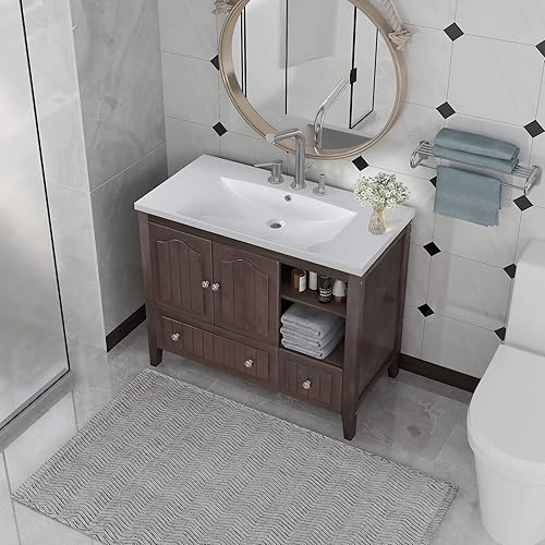 Merax Juego de tocador de baño de 36 pulgadas con fregadero de cerámica armario con cajón y puertas marco de madera maciza con acabado pintado