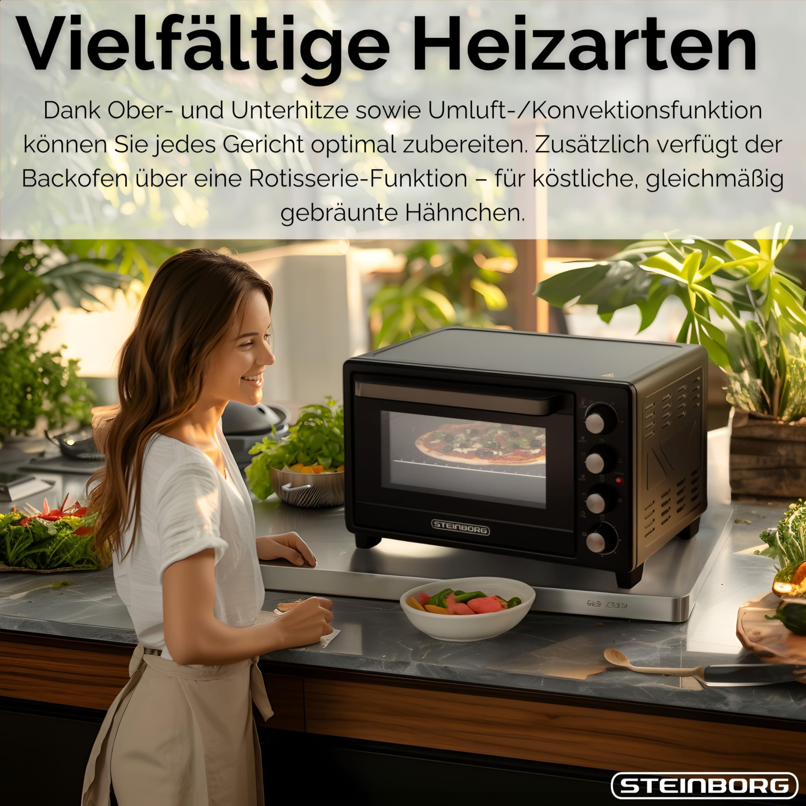 Steinborg® 35 Liter Mini Backofen mit Umluft & Drehspieß Krümelblech Ober- und Unterhitze 1.600 Watt Miniofen mit Timer kleiner Backofen freistehend stufenlose Temperaturregelung bis 230°C