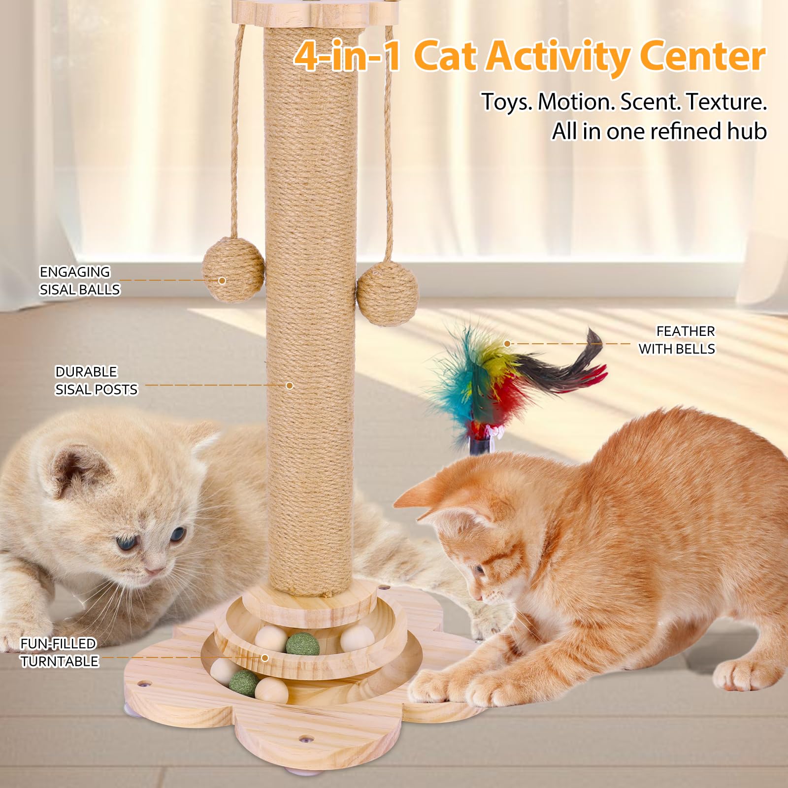 FitRepa Cat Scratching Post Multifunctional Cat Scratch Post, with Solid Wooden Base, Interactive Track & Spring Feather Toy - Image 3