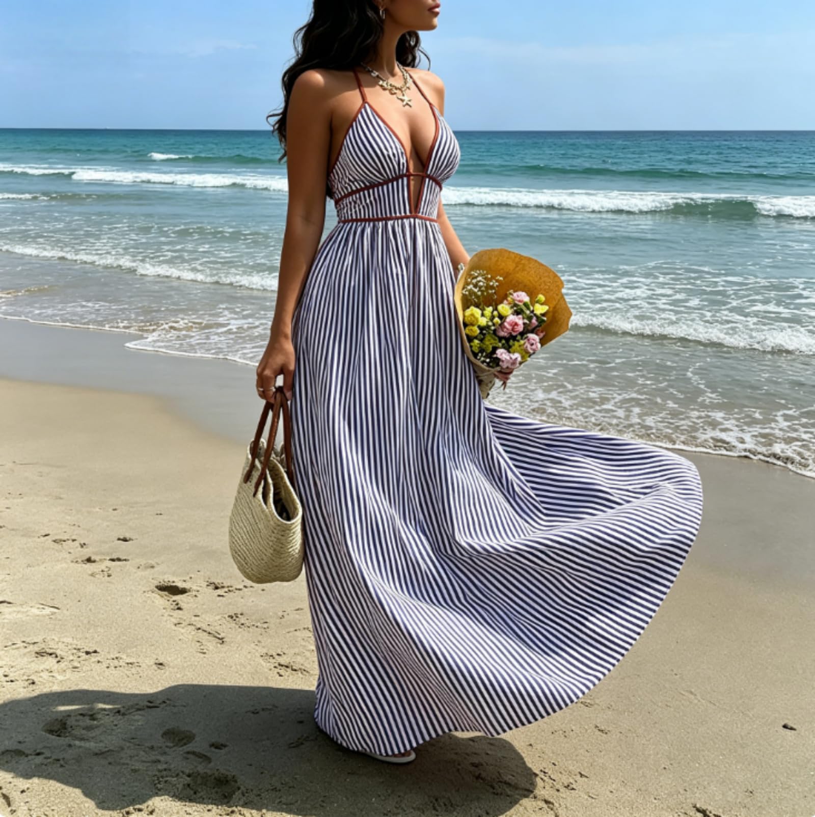 Generico Maxi Abito Estivo Chic a Righe, Scollo a V, Senza Maniche e con Schiena Scoperta; Modello a Linea A con Scollo all'Americana e Spalline Arricciate.