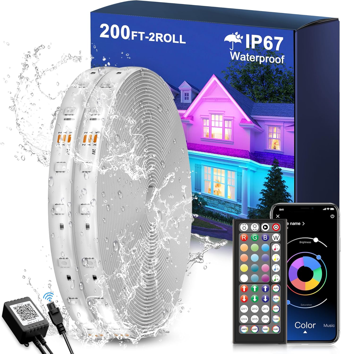 Fussion Outdoor LED Strip Lights Waterproof 200FT (2 Rolls of 100FT) with Remote, RGB LED Light Strips Music Sync Color Changing Christmas House Rope Lighting for Outside INCOMPLETE NOT TESTED