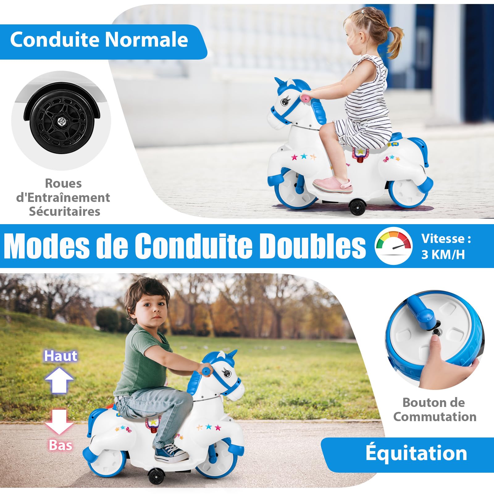 GOPLUS Voiture Porteur à Bascule Licorne 12V Enfants avec 3 Roues et Roues d'Appui, Voiture avec Musique pour Enfants 3 Ans+, Blanc Bleu