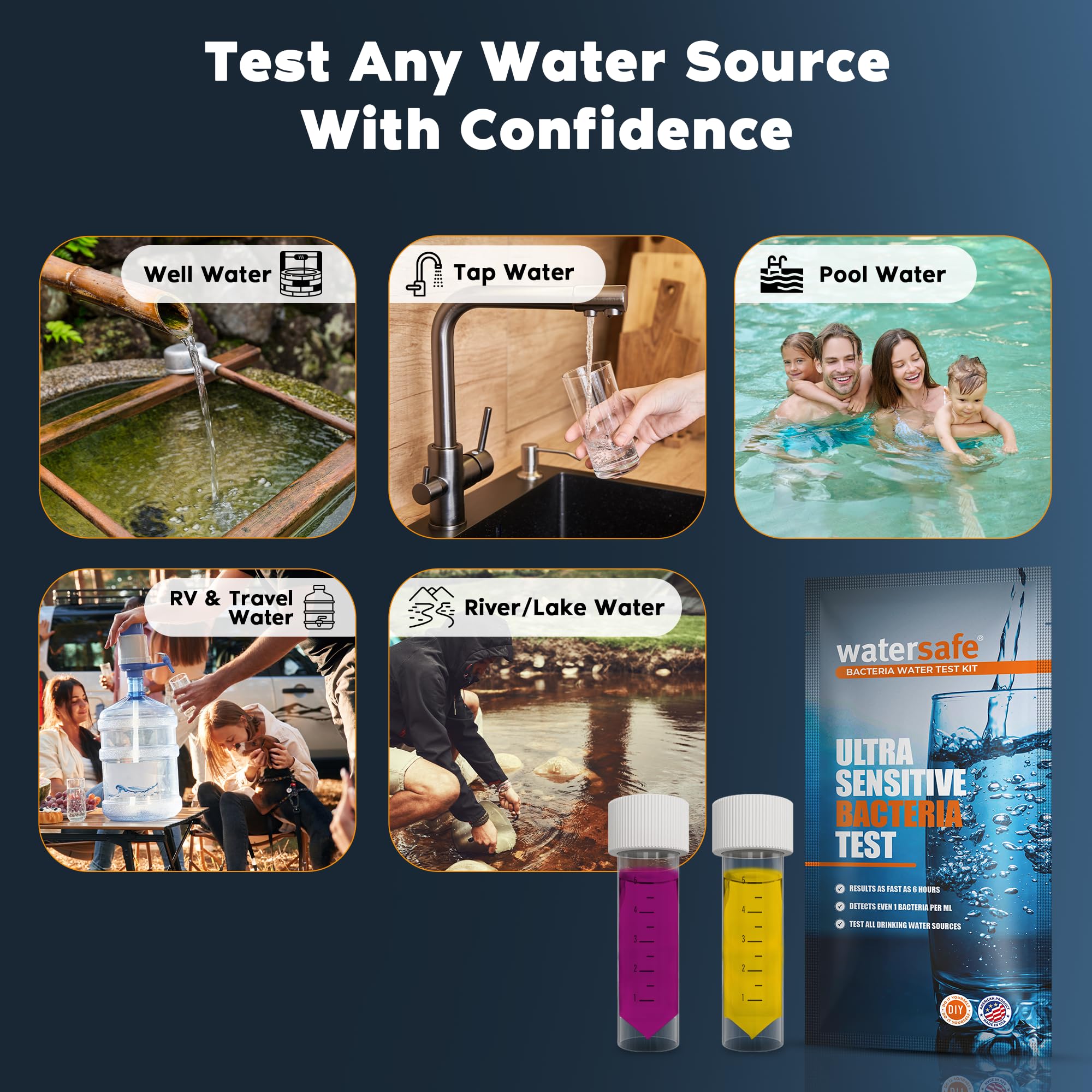Watersafe® Kit de prueba de agua de bacterias, fabricado en Estados Unidos, resultados tan rápidos como 6 horas, detecta bacterias coliformes (Inc. E. coli) y no coliformes en agua potable, de pozo y