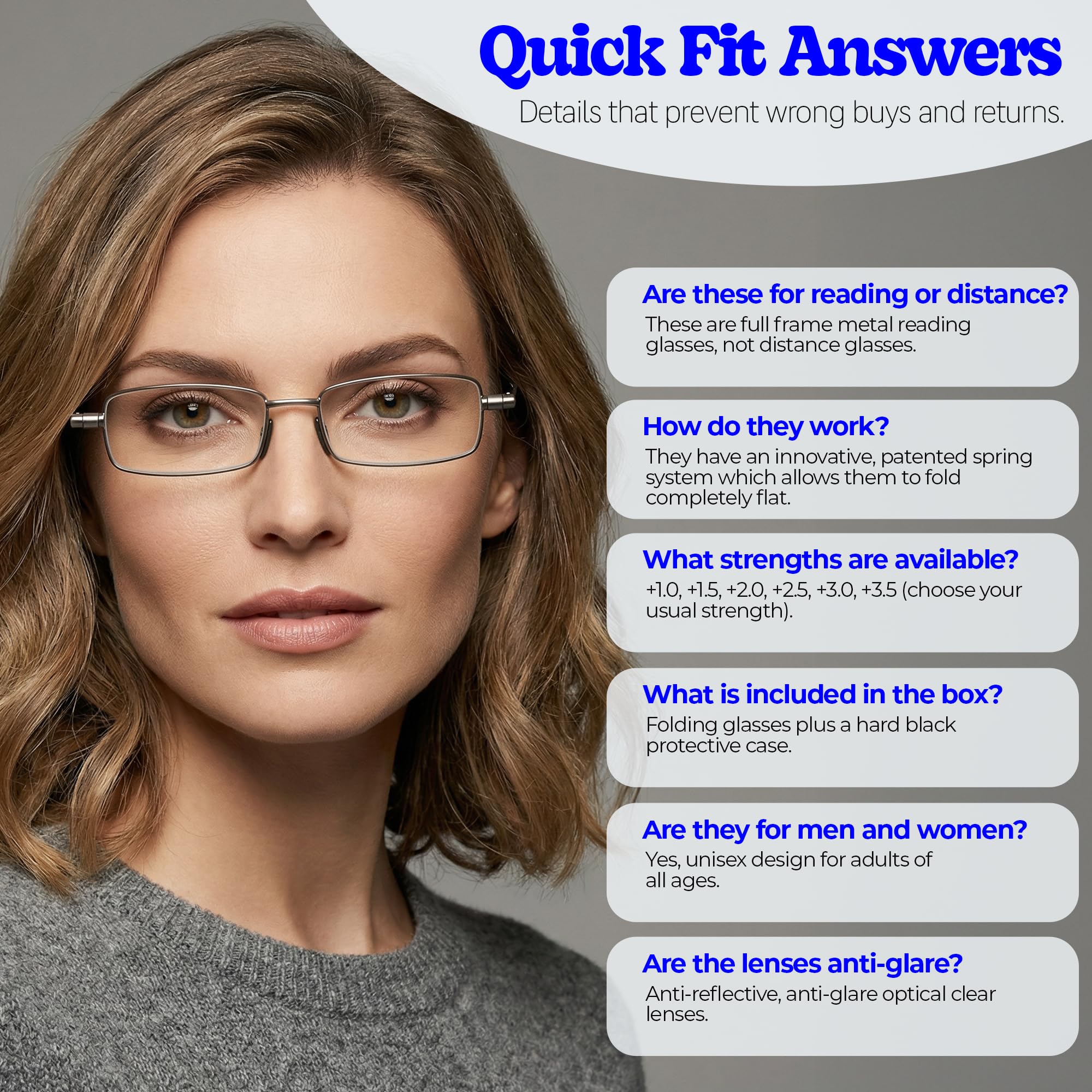 Klappbare Lesebrille +1 bis +3,5, leicht flach klappbare, hochwertige Brille mit robustem Schutzetui