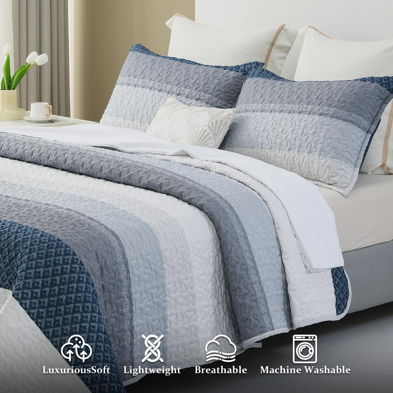 DURLENGEN Quilt Set Queen Size 3Pcs,Soft Microfiber Lightweight Bedspread,Blue & Navy Striped Geometric Pattern Coverlet for All Season Layering(Queen 90x96, Blue Patchwork) - Image 4