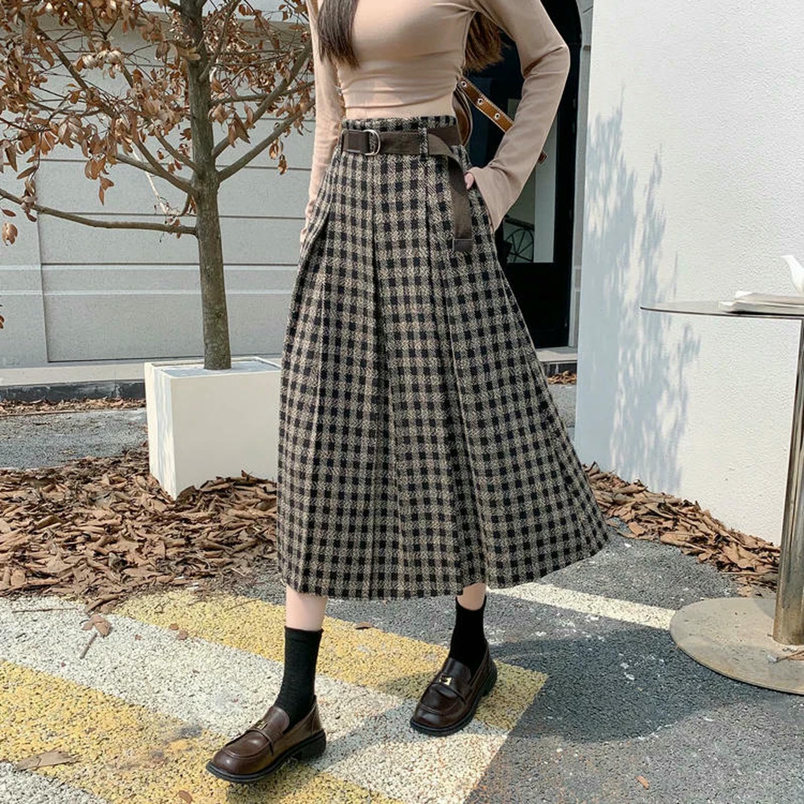 Gonna Lunga Gonne A Trapezio da Donna Vintage Autunno Inverno con Cintura Vita Alta, Larghe Casual Ombrello-Nero-l