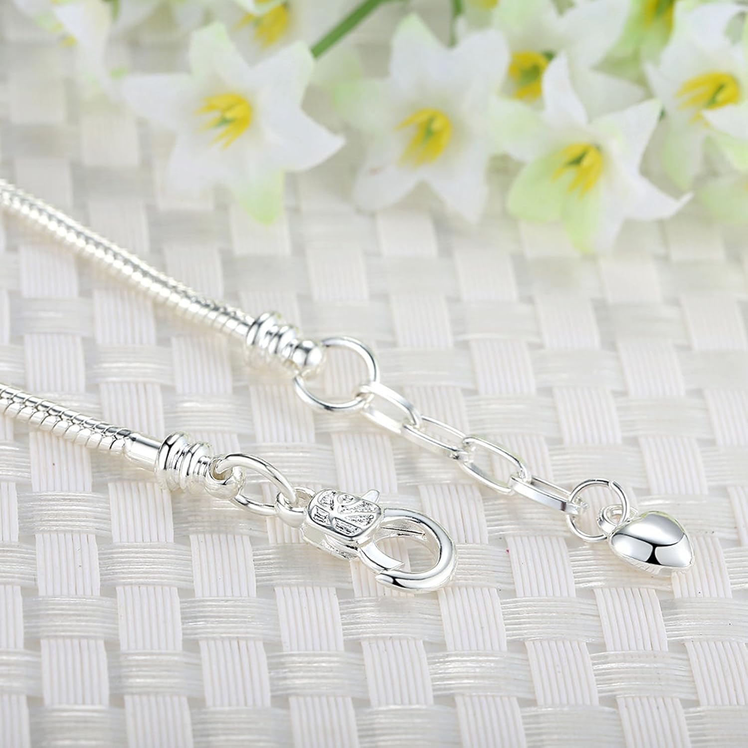RUBYCA 10pcs White Silver Plated Heart Lobster European Snake Chain Bracelets fit Charm Beads 6.7" - Image 6