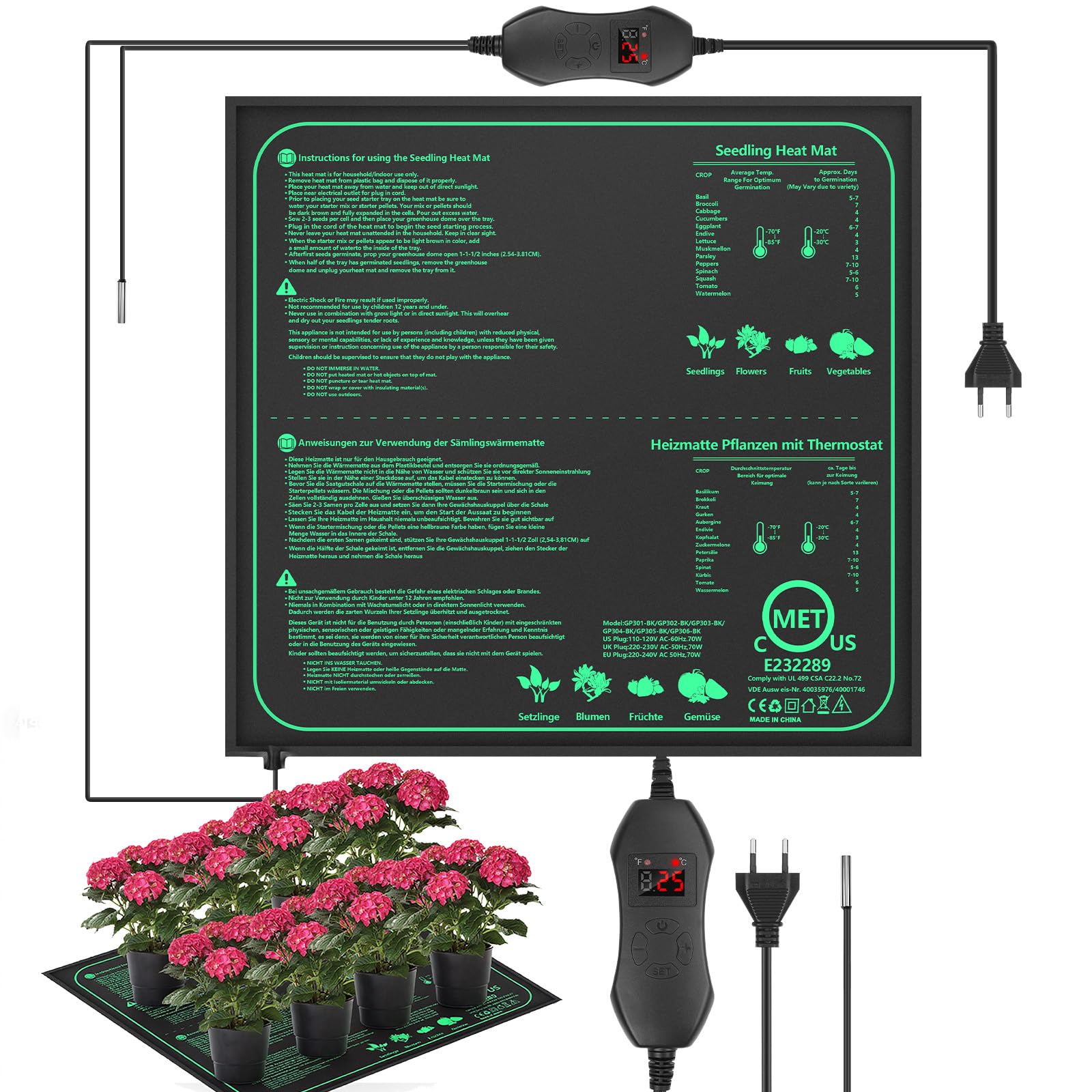 Tapis Chauffant pour Plantes avec Thermostat, Serre de Germination Accélère la Germination des Graines, Coussin de Chauffrage pour Reptile et Amphibien, Étanchéité IP67 (70W, 52X50cm)