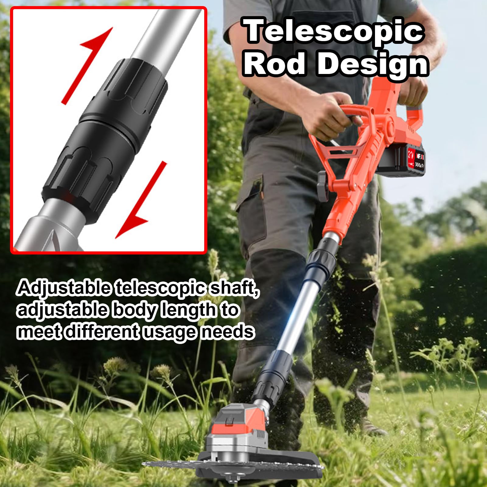 Bezprzewodowa podkaszarka do trawy z ostrzem 20 cm, teleskopowym drążkiem i regulowaną głowicą do cięcia trawnika i krawędzi ogrodu, dostępne 2 style