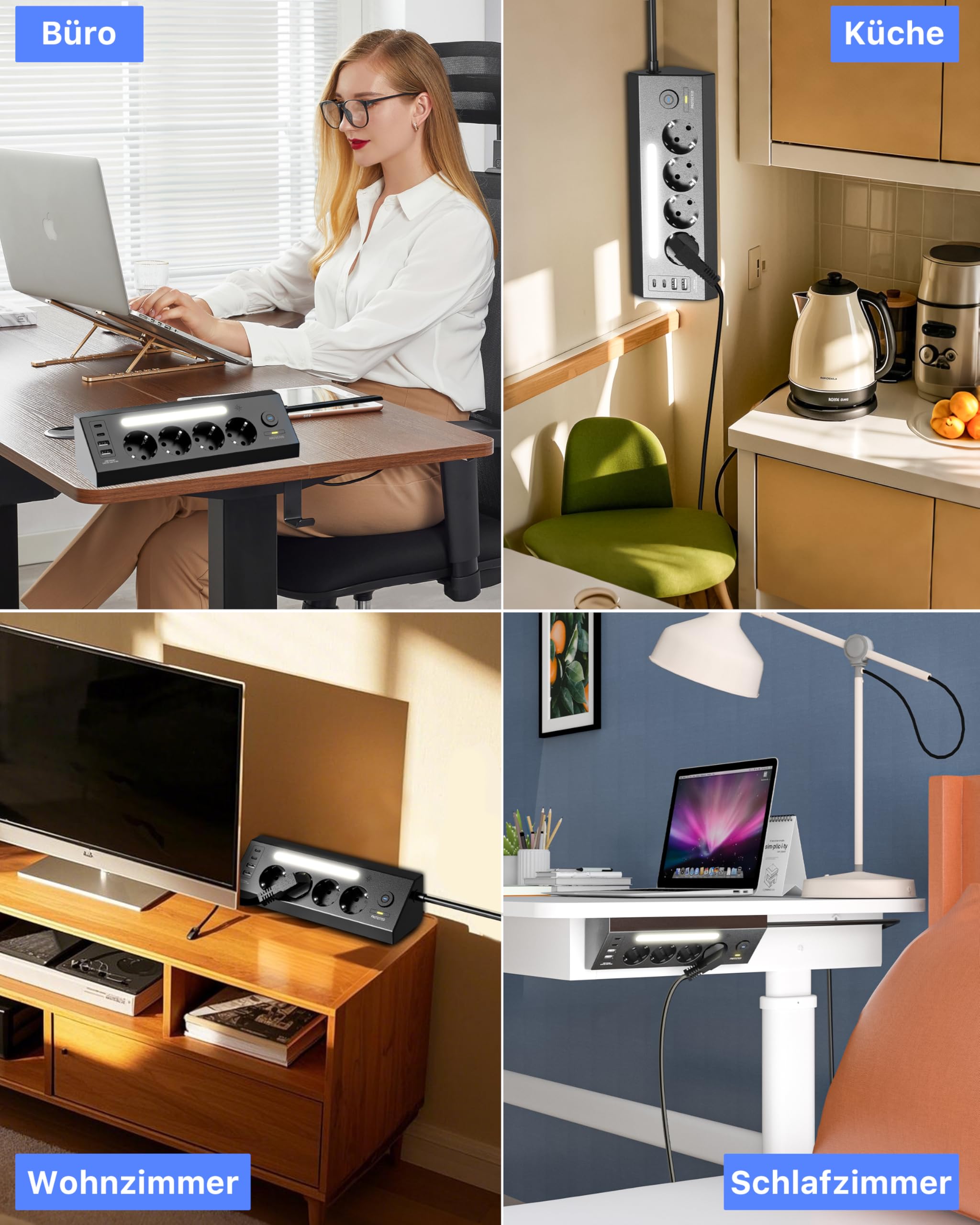 AORIDO Listwa narożna z 4 gniazdami wtykowymi, 2 USB i 2 gniazdami stołowymi typu C, 90° z 2 przełącznikami, listwa zasilająca z ochroną przeciwprzepięciową, do montażu na ścianie z diodami LED, kabel