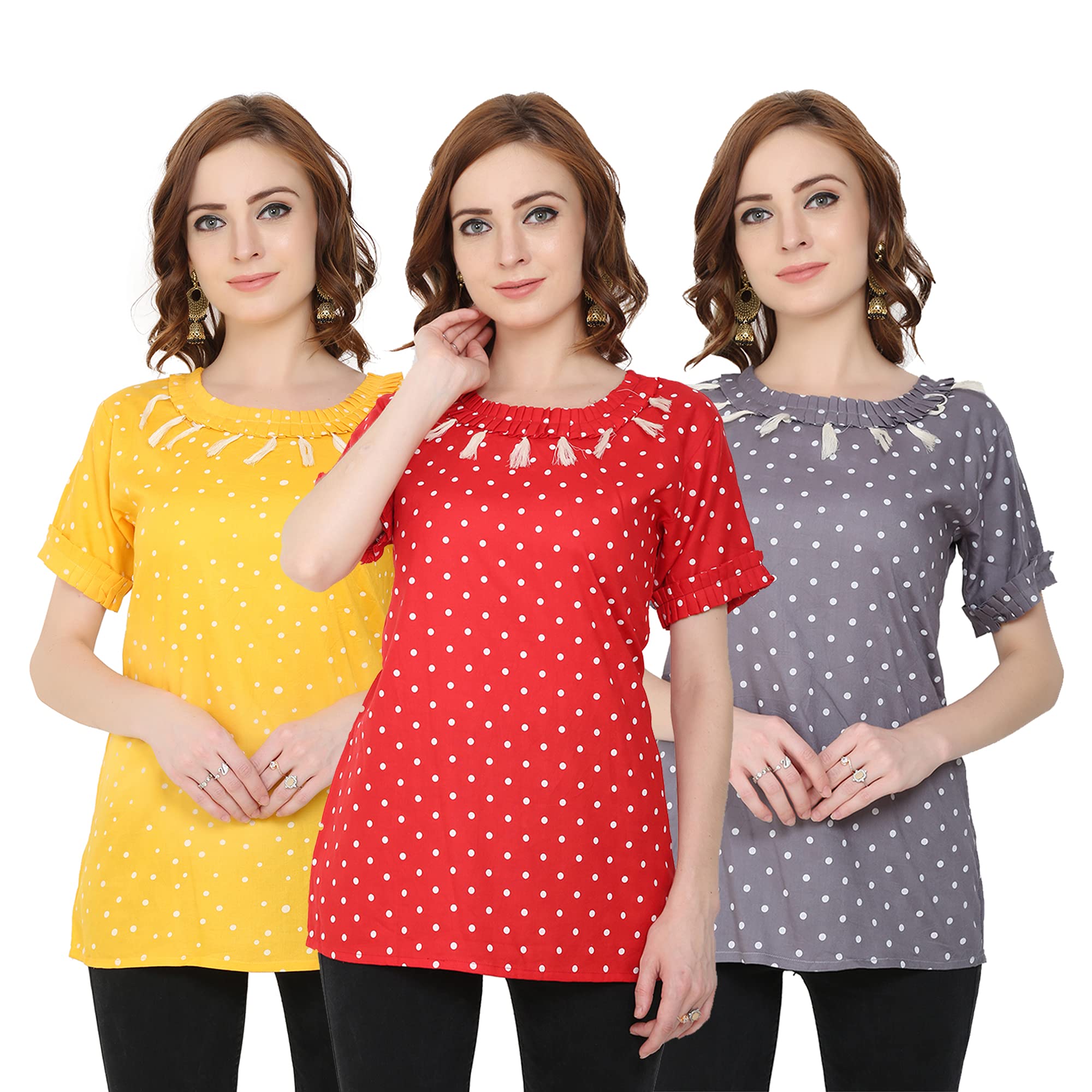 kushalmangal Women's Round Neck Rayon Printed Top (Free Size) Pack of 3 (Red, Yellow, Grey)-picture-38