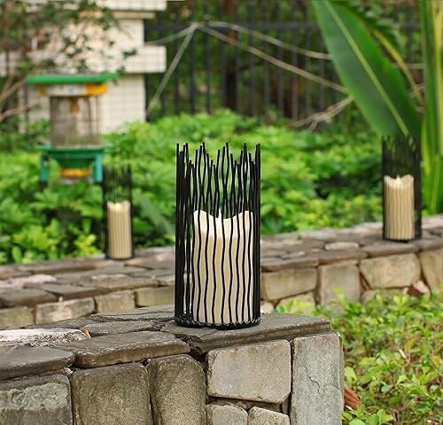 Miniatura 8 de Juego de portavelas de alambre de metal negro, diseño geométrico hueco creativo para centro de mesa, chimenea, chimenea, chimenea, chimenea,