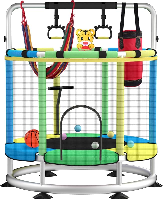 Trampolín para niños, trampolín ajustable para bebés con aro de baloncesto, niño pequeño interior y exterior de fondo redondo con recinto