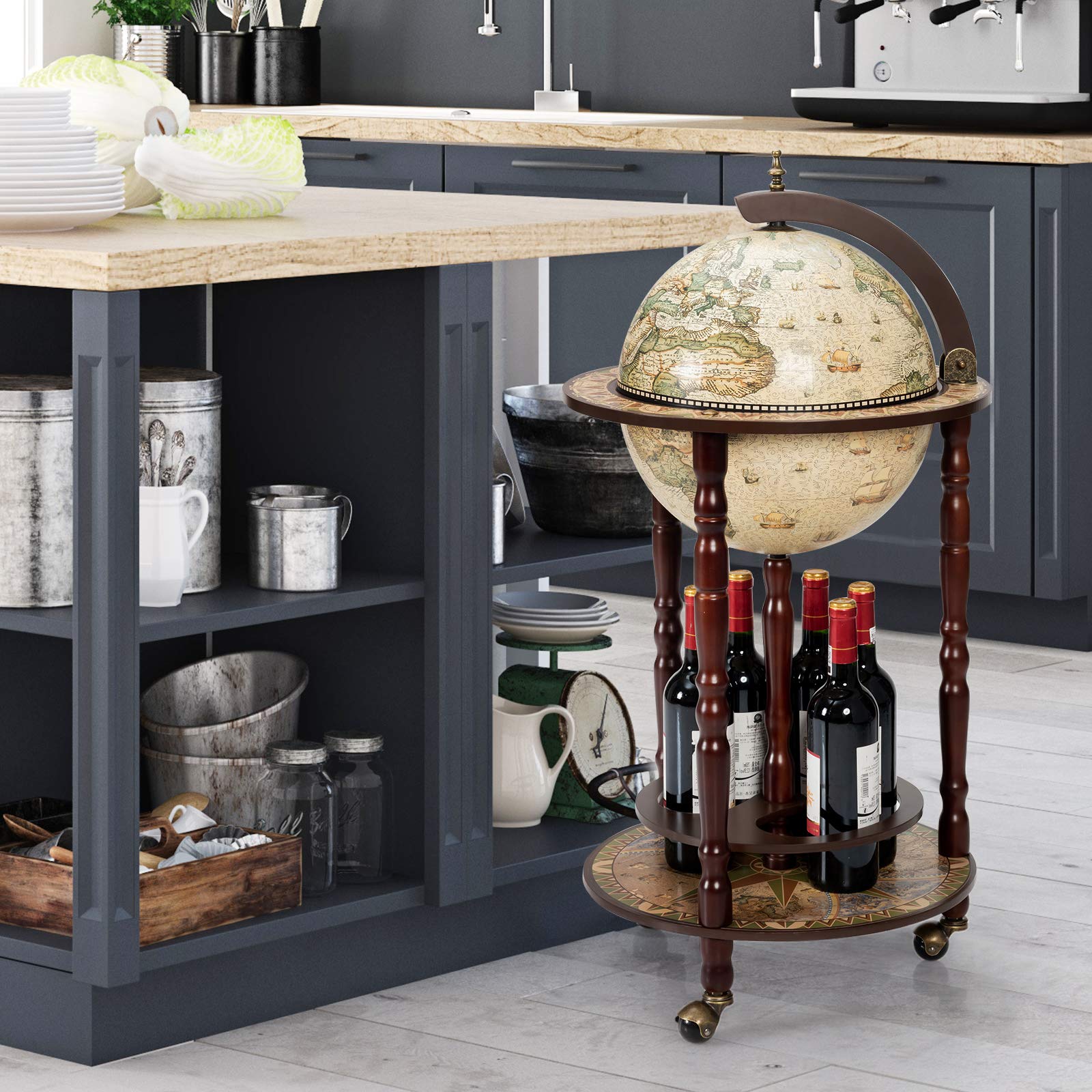 COSTWAY Mappamondo Bar con Ruote Mobili, Porta Liquori Stile Retr(Beige 45 x 45 x 88cm)