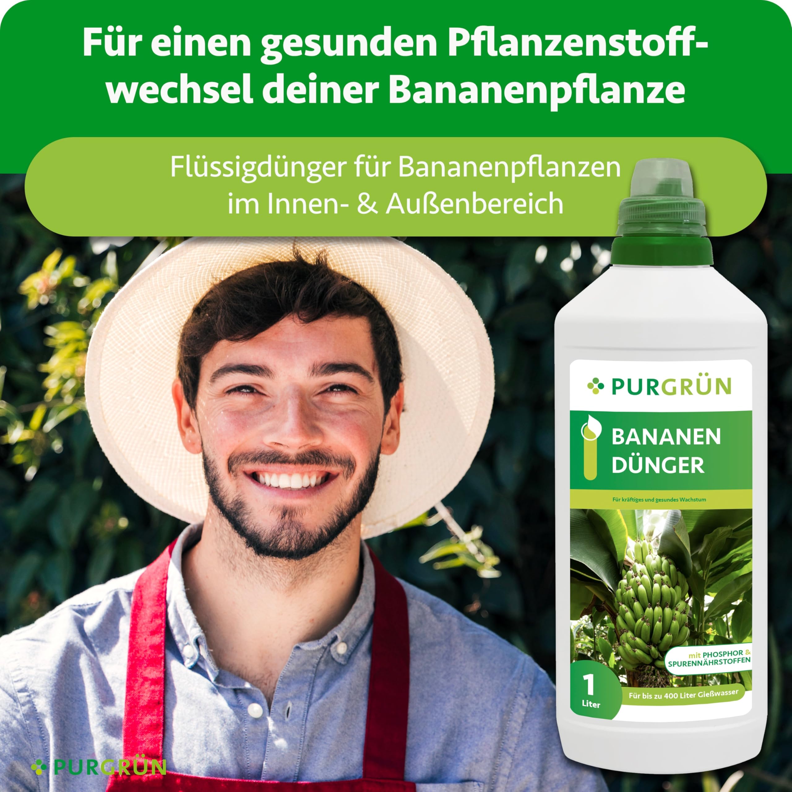Bananen-Dünger 1 Liter – Extra Stickstoff für schnelles Wachstum – Spurennährstoffe für intensive Blattfärbung – Ergiebiges Konzentrat für bis zu 400 Liter Gießwasser – Profi-Flüssigdünger