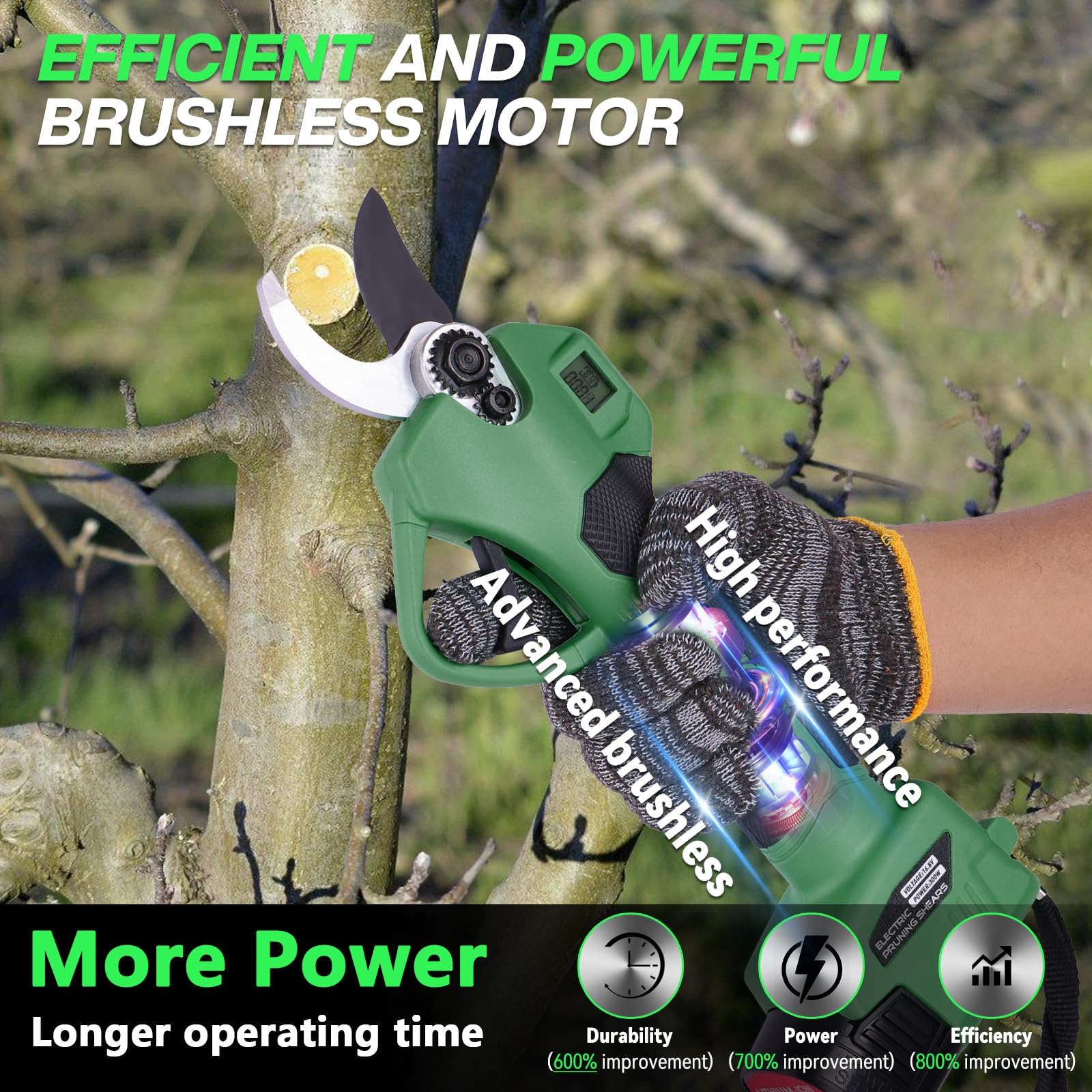Tijeras de Podar Eléctricas 35mm Profesionales Tijeras de Podar con Baterías 21V 2x 2000Amh Ultraligera SK5 LCD Motor para Viñedos, Olivos, Árboles Frutales Verde