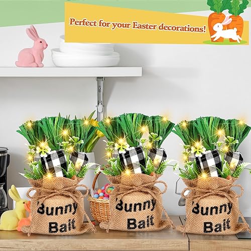 Miniatura 4 de Menkxi 4 piezas de zanahoria de tela de Pascua con 4 luces LED, decoración de zanahoria artificial, centro de mesa de granja, hecho a mano, conejo,