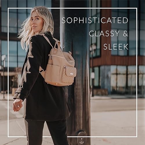 Miniatura 2 de Petit Monaco - Mochila para pañales de Luli Bebe - Mochila elegante de cuero vegano para pañales con correas para cochecito, Latte marrón, L, Moderno