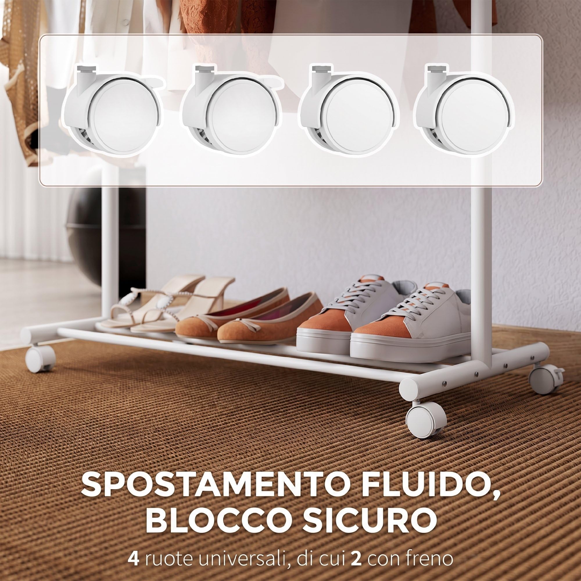 HOMCOM Appendiabiti da Terra con Ruote, 86x43x171 cm, Bianco