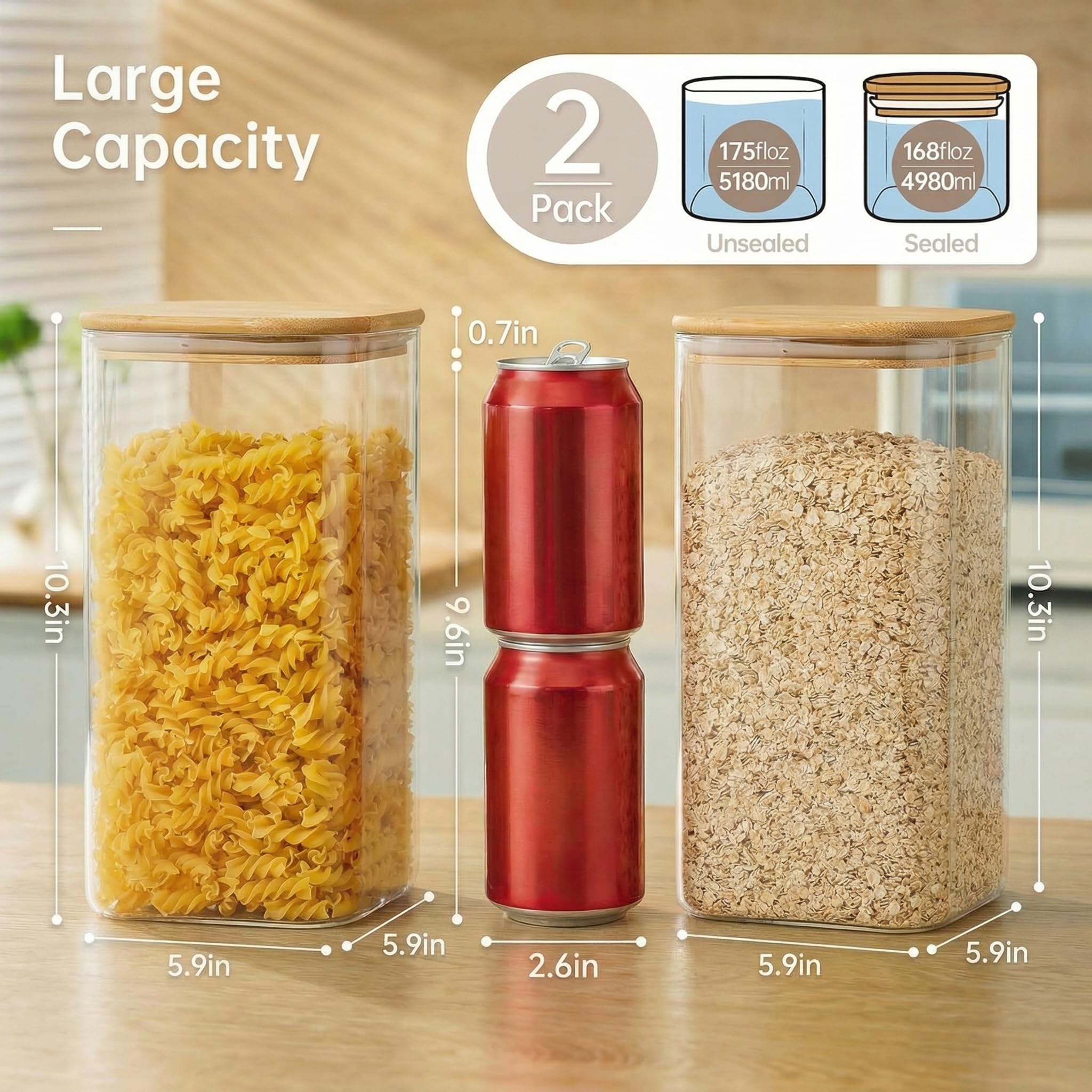 HomArtist Quadratische große Glasbehälter für Mehl- und Zucker, mit luftdichtem Deckel, 400 ml, 2 Stück, Glasdosen mit Bambusdeckel für Speisekammer, Glasdosen mit luftdichtem Deckel für Reis, Müsli,