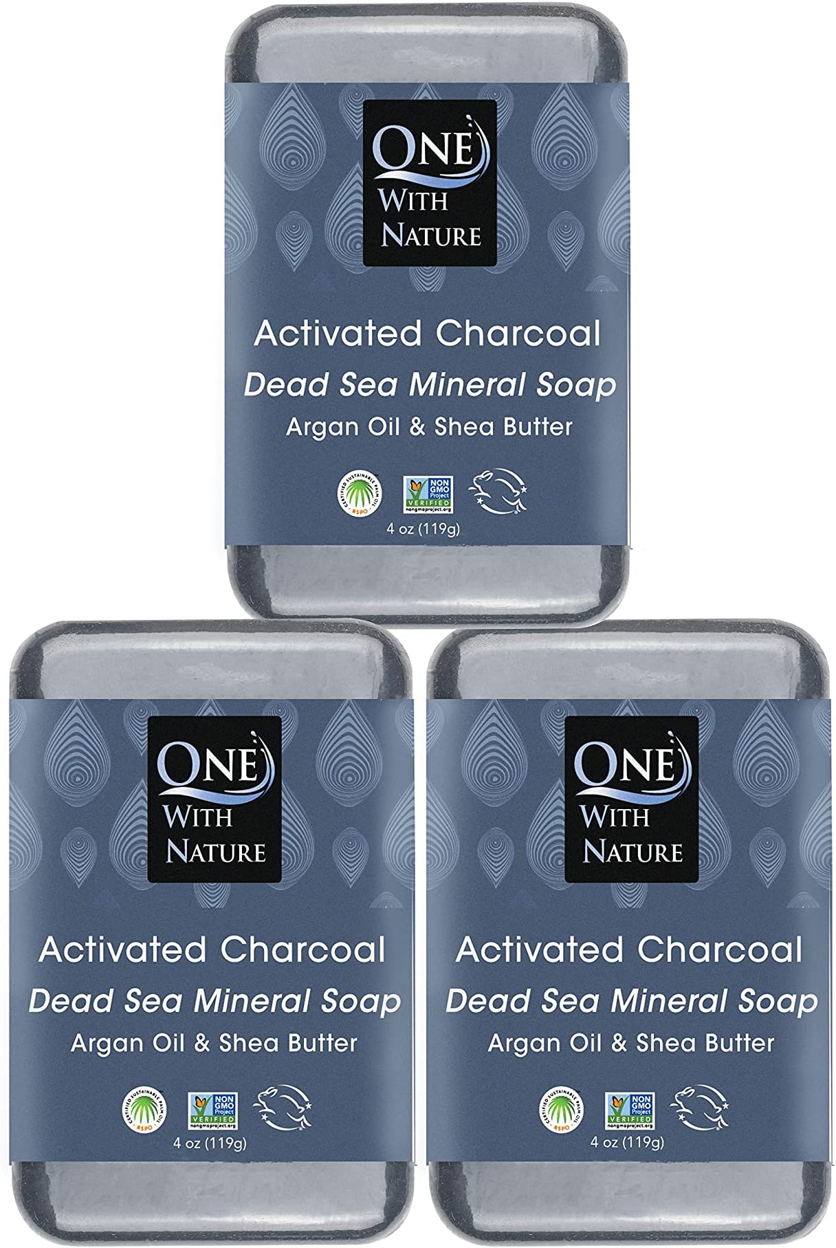 One With Nature Activated Charcoal Soap 4oz 3-Pack – Detoxifying and Exfoliating Charcoal Soap Bar with Dead Sea Salt for Face & Body, for Men & Women