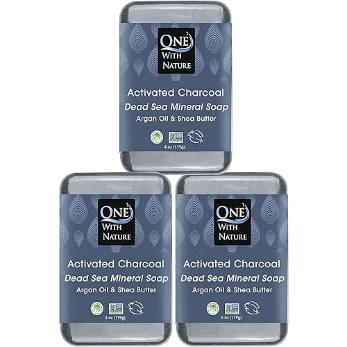 One With Nature Activated Charcoal Soap 4oz 3-Pack – Detoxifying and Exfoliating Charcoal Soap Bar with Dead Sea Salt for Face & Body, for Men & Women