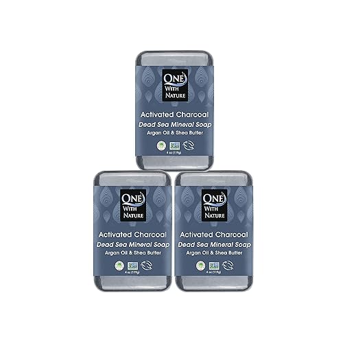 One With Nature Jabón de carbón activado de 4 onzas, paquete de 3 – Barra de jabón de carbón desintoxicante y exfoliante con sal del mar muerto para