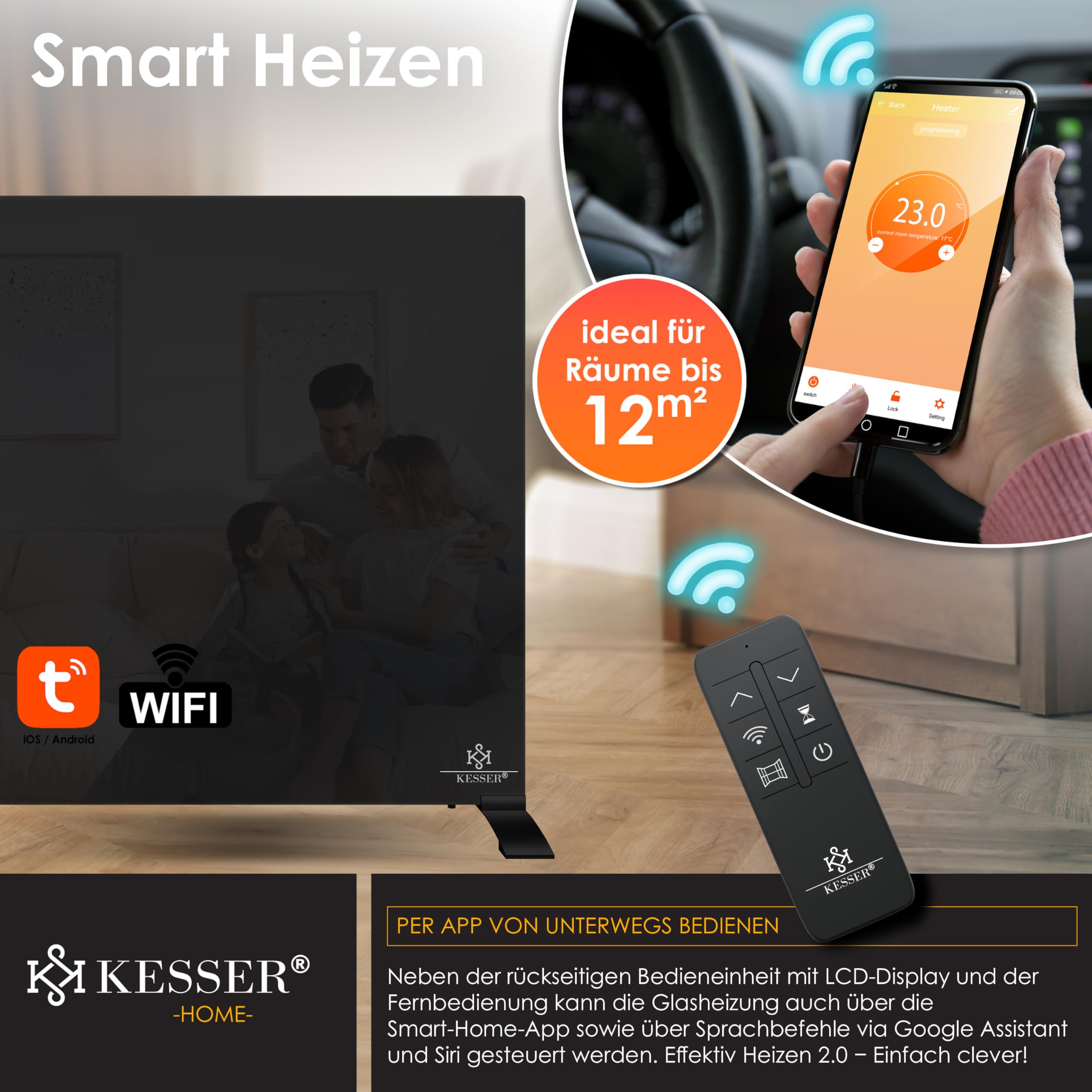 KESSER® Riscaldamento a Infrarossi 500W, Convettore in Vetro, 2 in 1 e Montaggio a Parete, Riscaldamento elettrico con rilevazione, Finestra Aperta + Telecomando e Controllo App, Nero