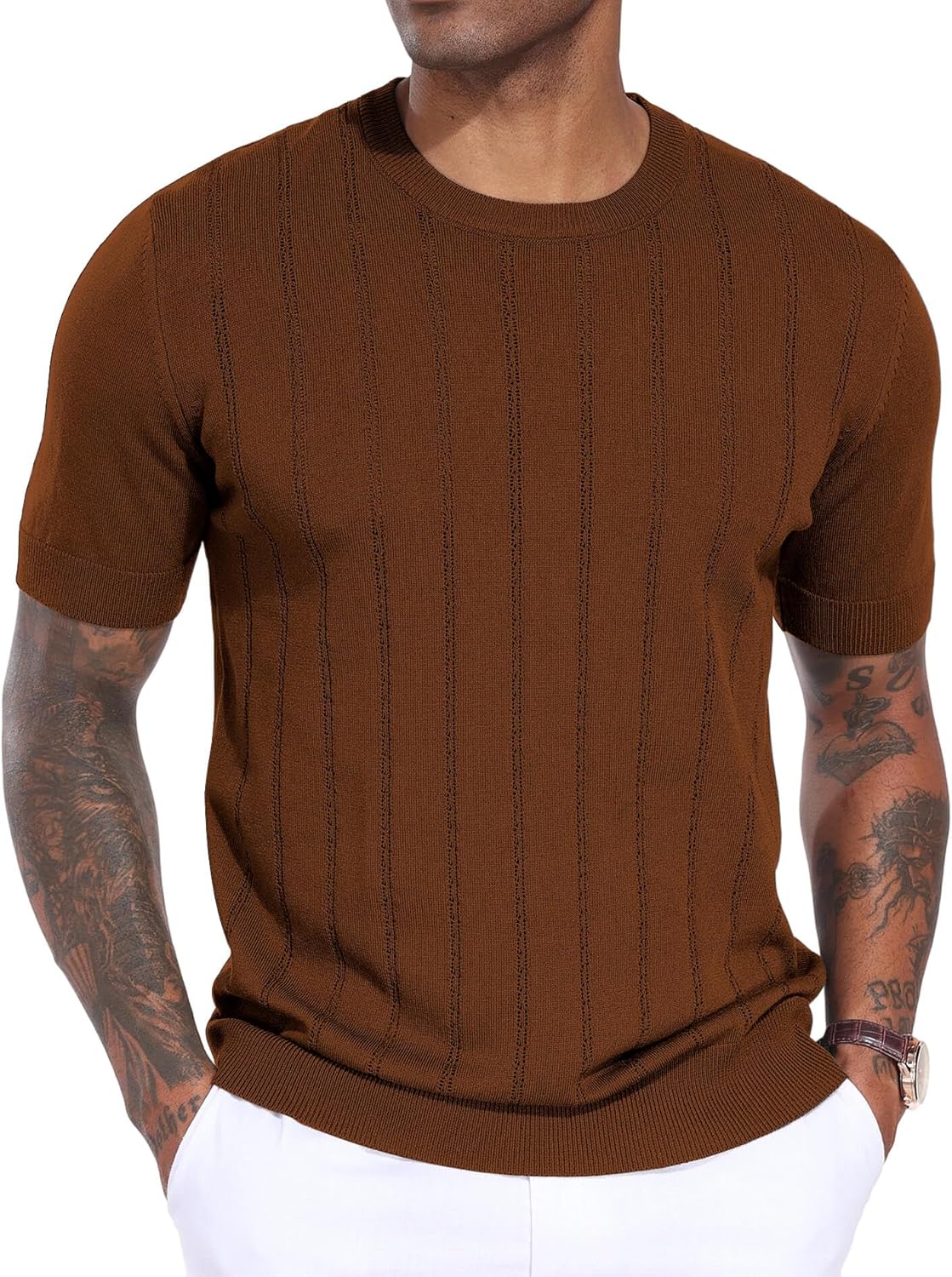 KESIHAN Men's Knit Shirt Short Sleeve Crew Neck Casual Summer Regular Fit Hollow Out Solid Color Knitted Shirts - Image 2