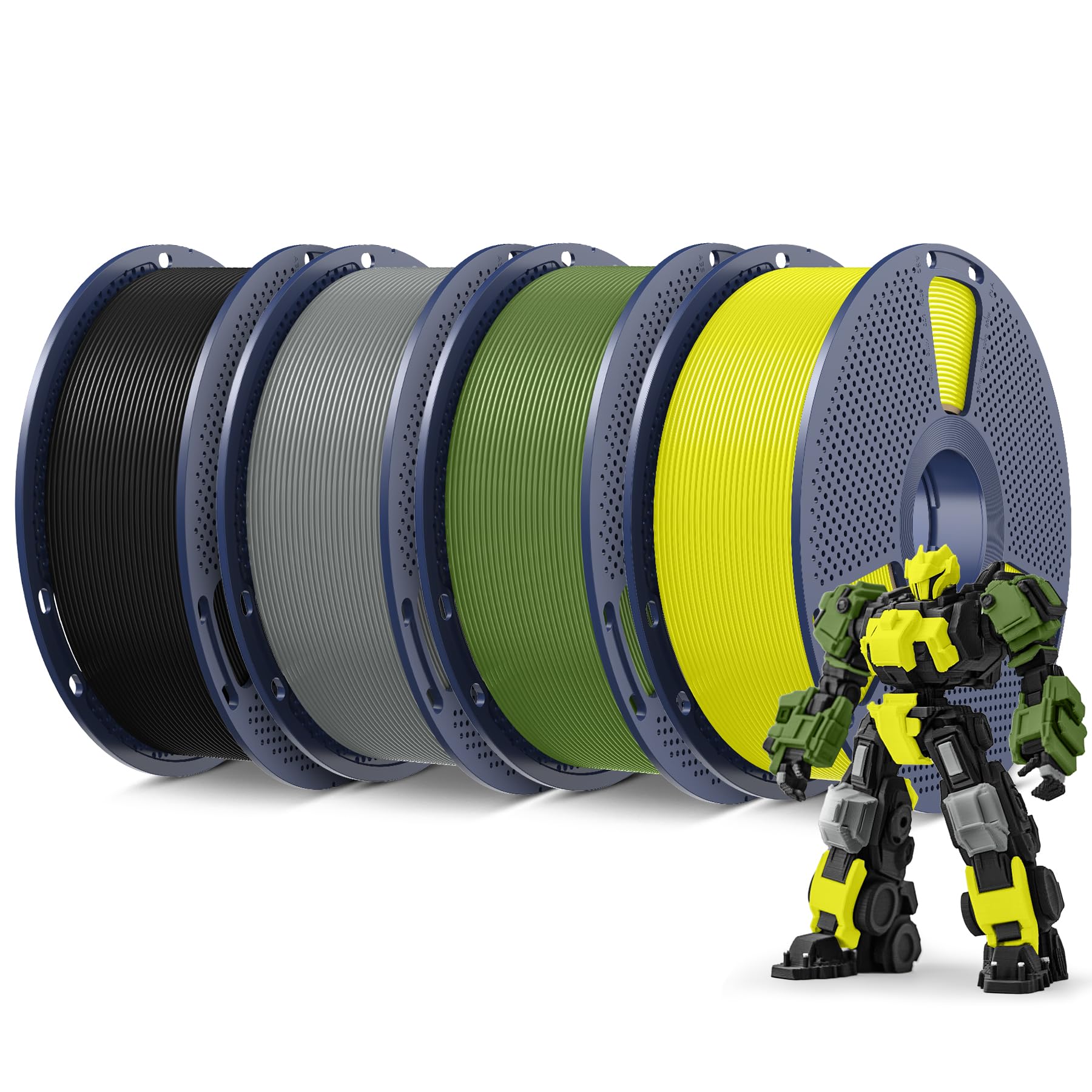 SUNLU Filamento PLA+ 4KG, Filamento PLA Plus per Stampanti 3D 1.75mm ±0.02mm, Maggiore Tenacità, 1kg/Bobina, 4 Bobine, Nero+Verde Oliva+Grigio+Giallo