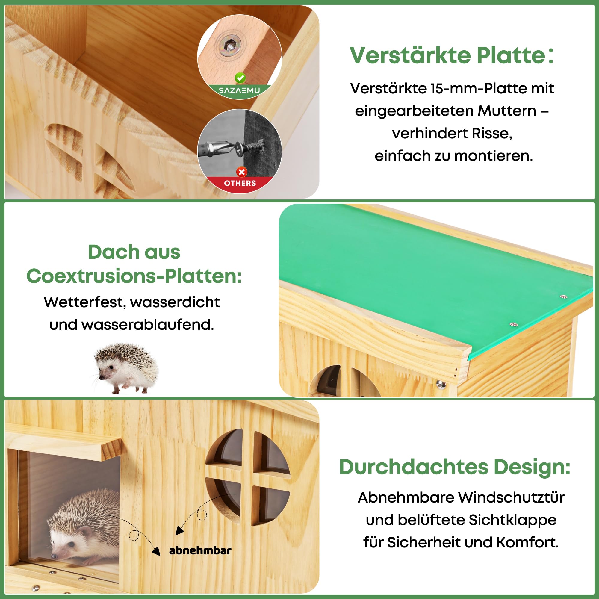 Igelhaus Winterfest mit Boden – sicheres Outdoor Igelhotel für den Garten, wetterfestes Holz Haus mit geschütztem Eingang & abnehmbarem Dach, Bausatz ohne Werkzeug – draussen trocken & warm