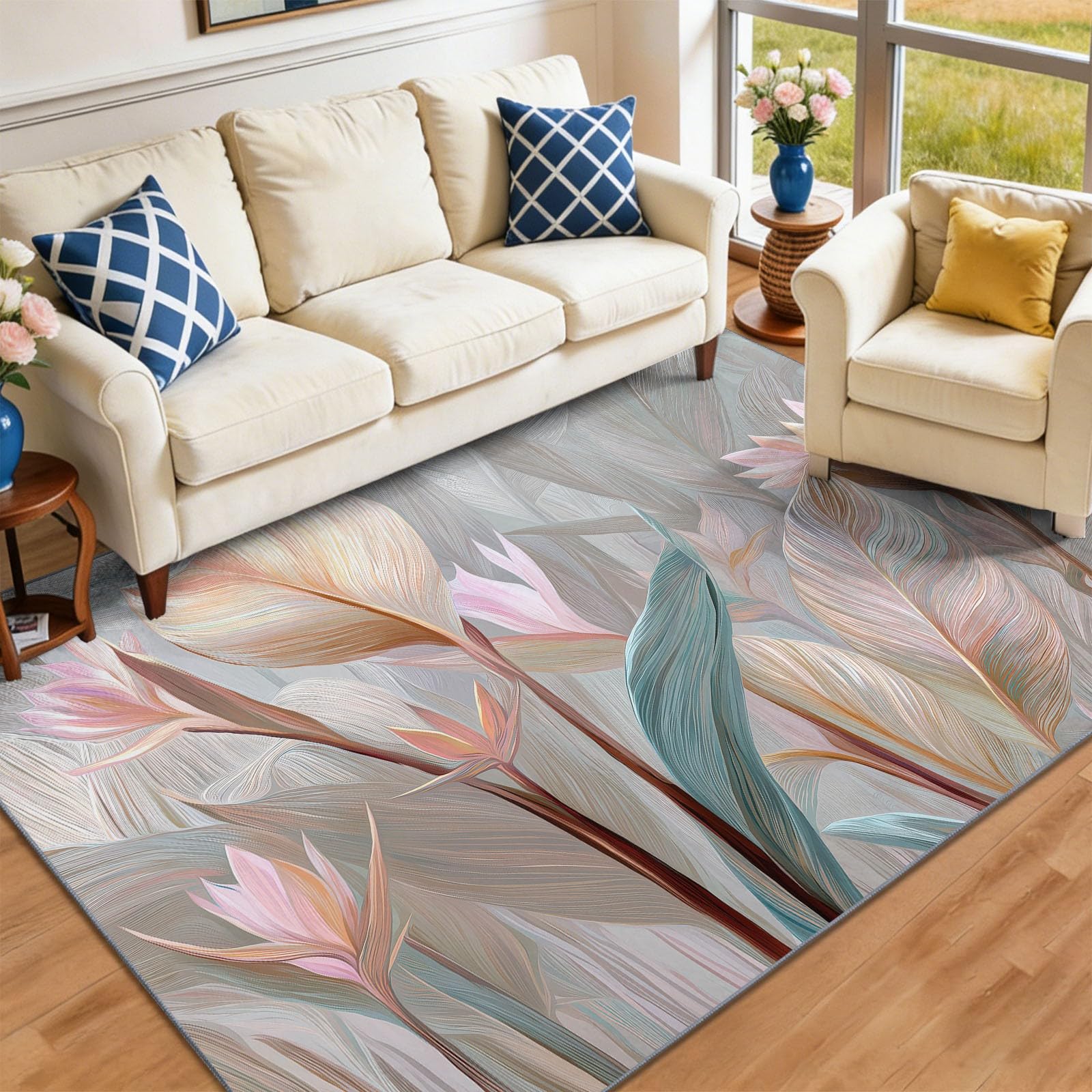 Minimalistisch Leichter Luxus Teppich 60 x 90 cm Kurzflor Hellgelb Beige Strelitzie Tropische Blätter, Waschbar, Pflegeleicht, Extra Weich Für Wohnzimmer, Schlafzimmer, Esszimmer