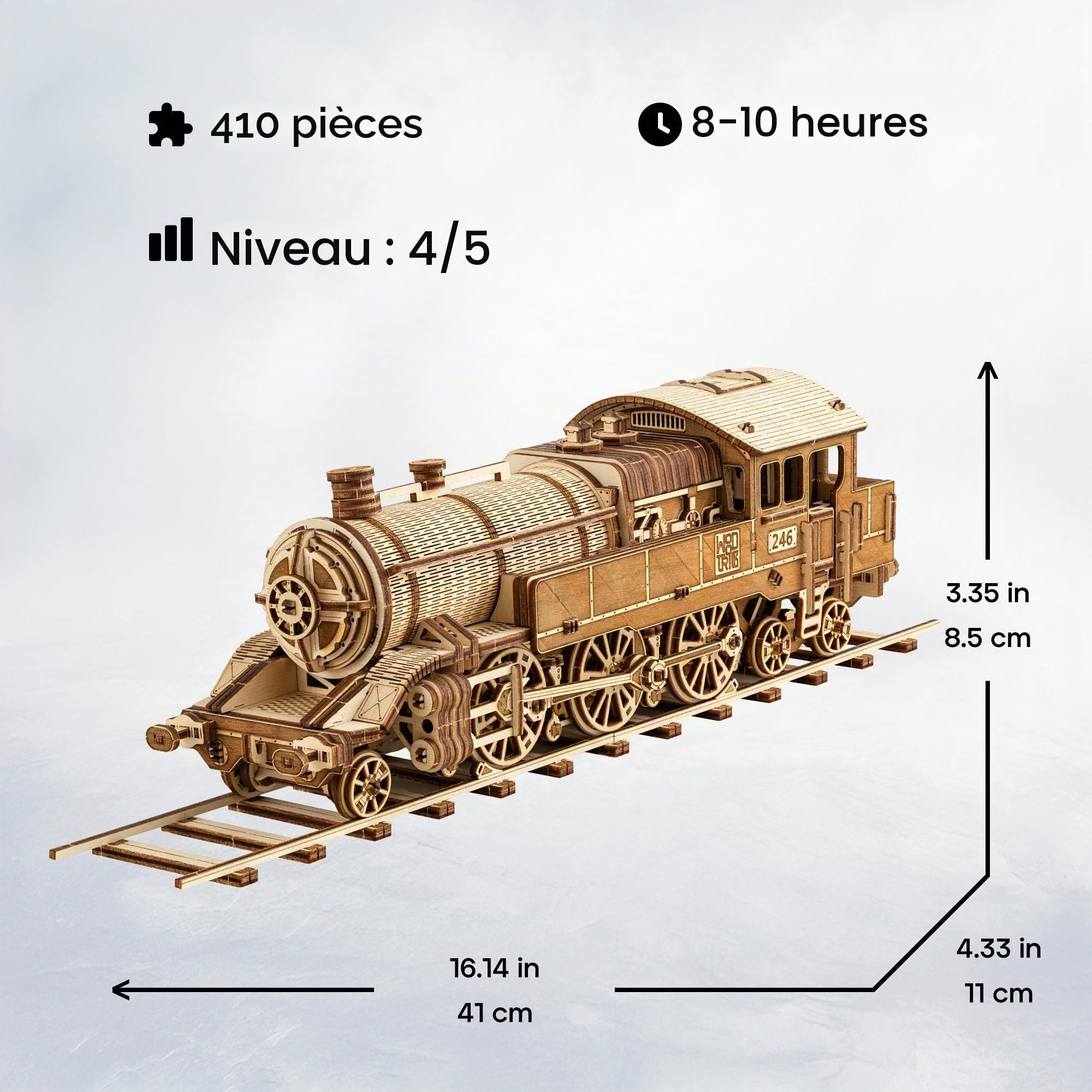 Wood Trick Grand Traveler Train Puzzle 3D en Bois pour Adultes à Construire | [410 Pièces] Roule Jusqu'à 6,1 m - Kit de Maquette Mécanique de Locomotive en Bois DIY à Construire pour Adultes