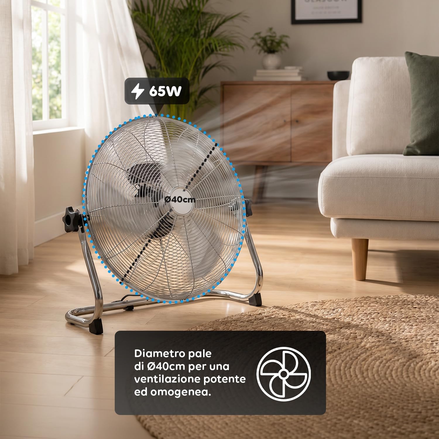 Wintem Standventilator oder Tischventilator, verchromt, 70 W, 3 einstellbare Geschwindigkeiten, ideal für jeden Bedarf, 19 x 18 x 34 cm, mit Schaufel von 40 cm und neigbarem Kopf