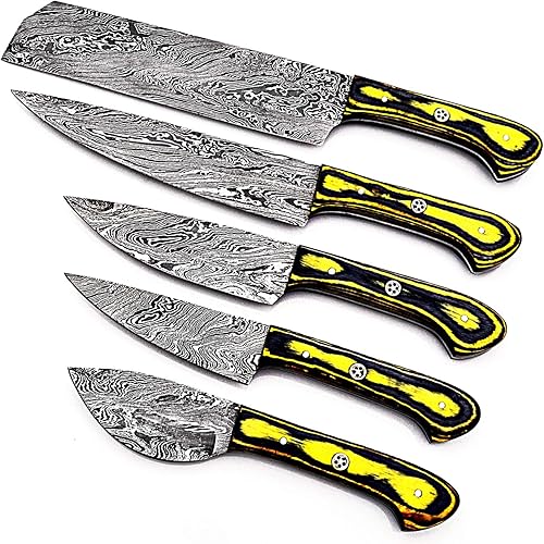 Miniatura 7 de Juego de cuchillos de chef de Damasco hechos a mano personalizadoscuchillos de cocina Juego de 5 piezas SS-17306 Madera de color negro y amarillo