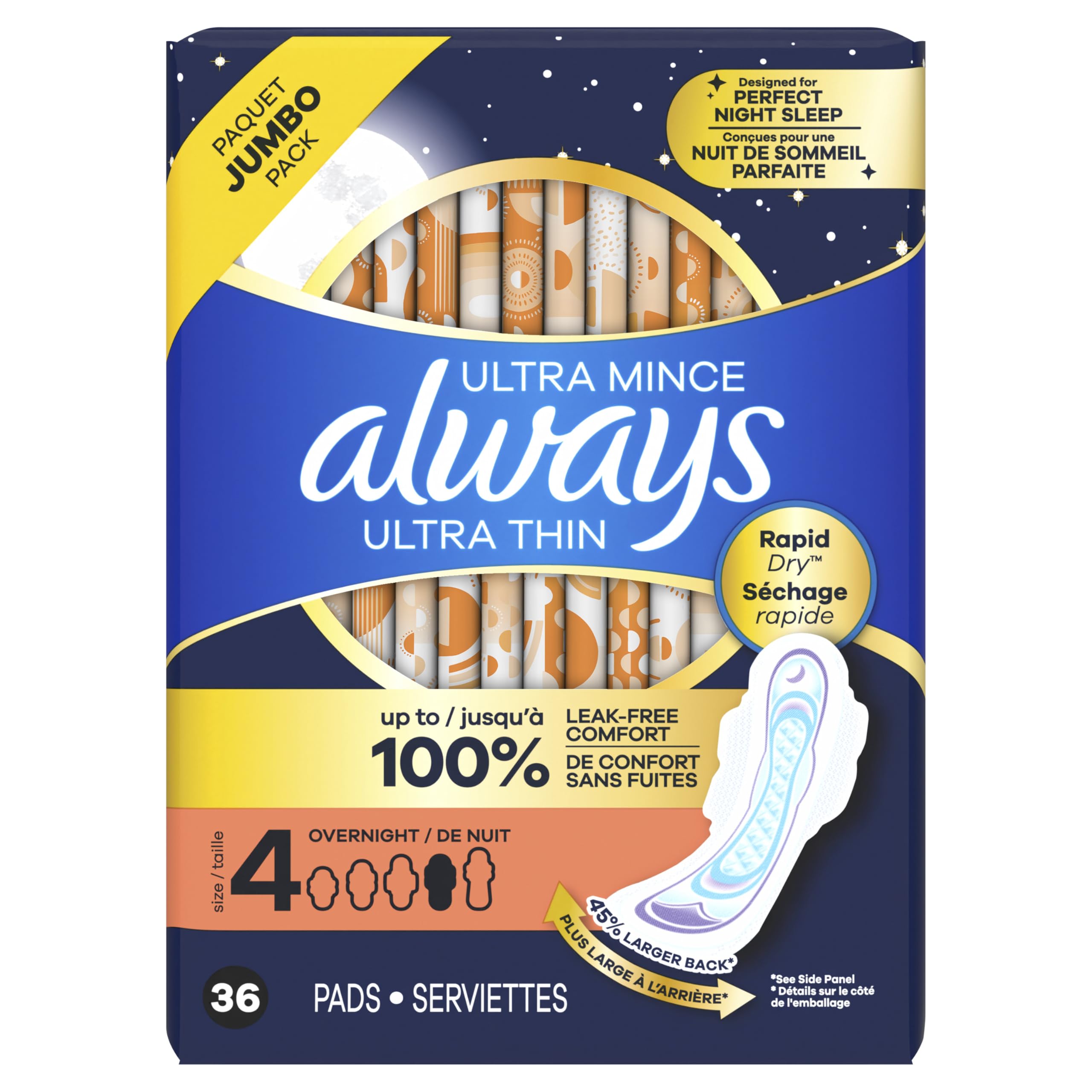 Always Ultra Thin Feminine Pads with Wings for Women, Size 4, Overnight Absorbency, Unscented, Up to 100% Leak-Free Comfort, 36 Count