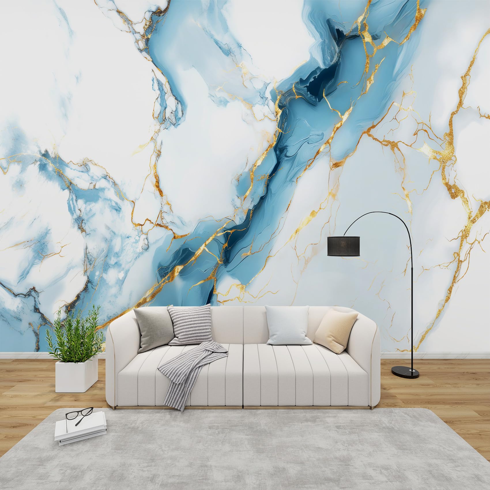 Qeodah Blue White Marble Mural Wallpaper For Living Room, Gold Wall Art For Bedroom, Modern Wall Murals For Bedrooms, Renter Friendly Removable Waterproof Non-Woven Photo Wallpaper 3D, 400X280 Cm