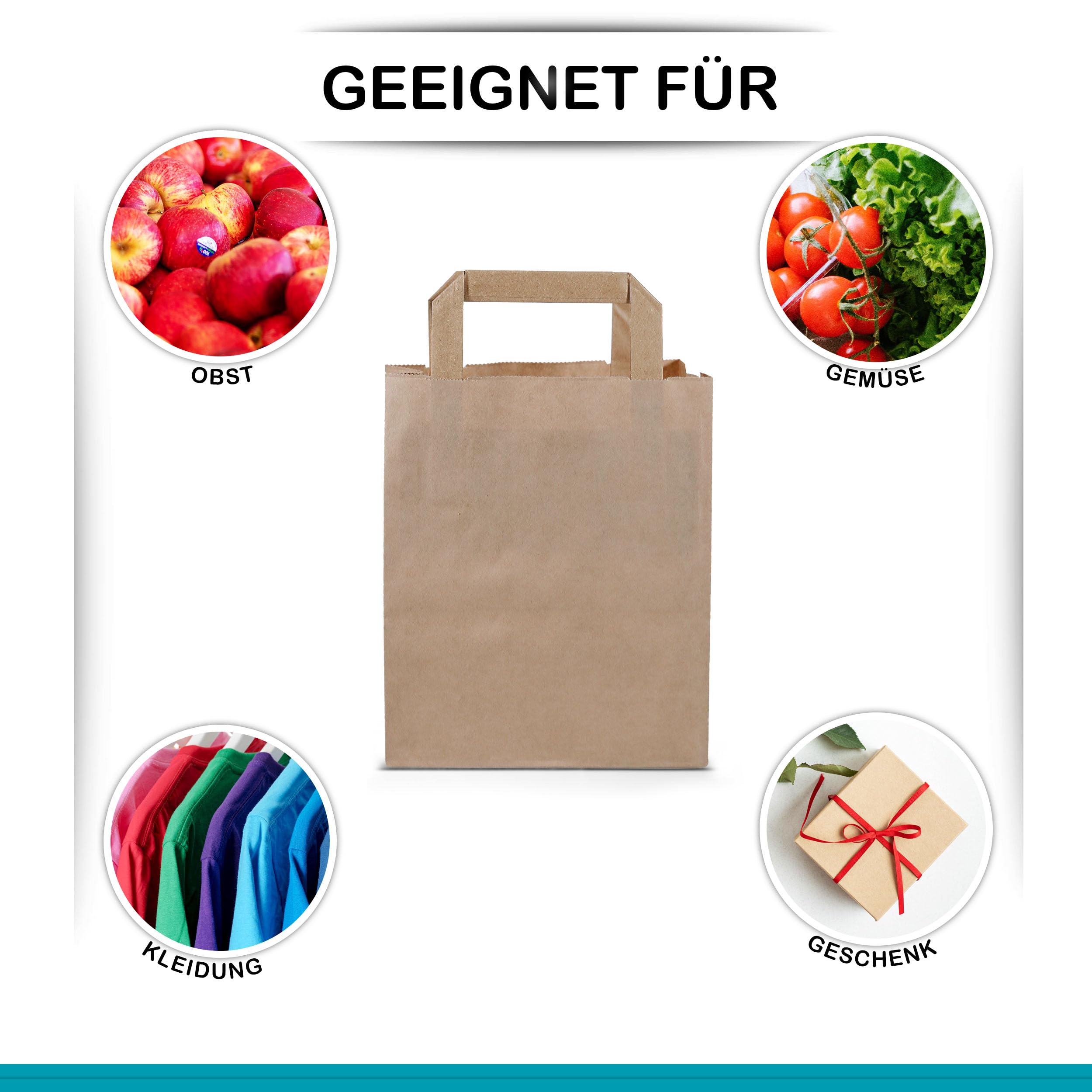 250 sztuk papierowych torebek 18 + 8 x 22 cm | torebki papierowe z uchwytem, torebki na prezenty | torebki na prezenty z papieru typu kraft | torebki papierowe do noszenia (18 + 8 x 22 cm – 250 sztuk, brązowe)