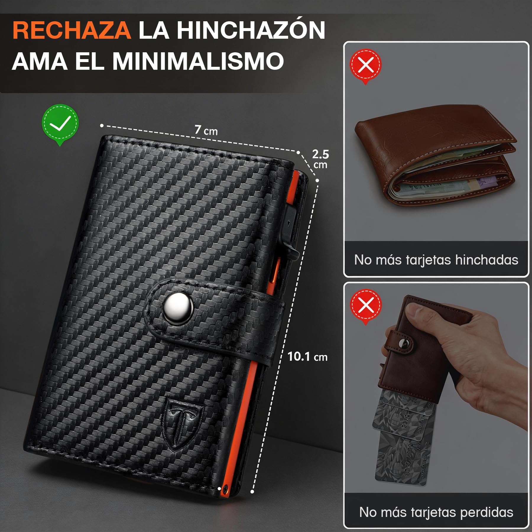 TENBST Cartera Hombre Fibra de Carbono RFID Bloqueo Negro-Naranja
