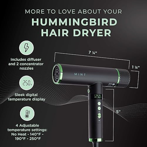 Miniatura 4 de MINT Hummingbird Smart - Secador de pelo profesional con difusor  El mejor secador de pelo ligero con motor sin escobillas  Secador de pelo iónico