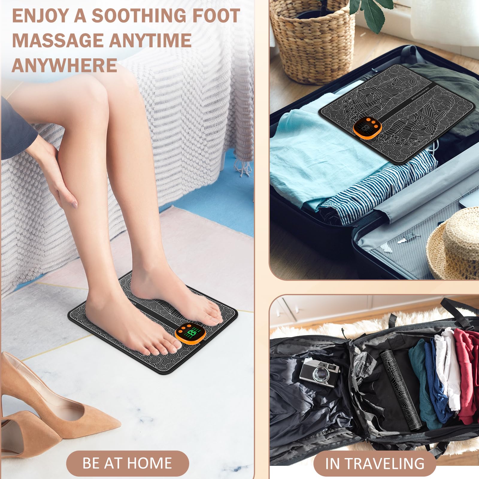 Masseur de Pieds EMS Portable, Tapis Masseur des Pieds Électrique Pliable avec 8 Modes et 19 Niveaux d'Intensité, pour Circulation Sanguine et Relaxation Musculaire