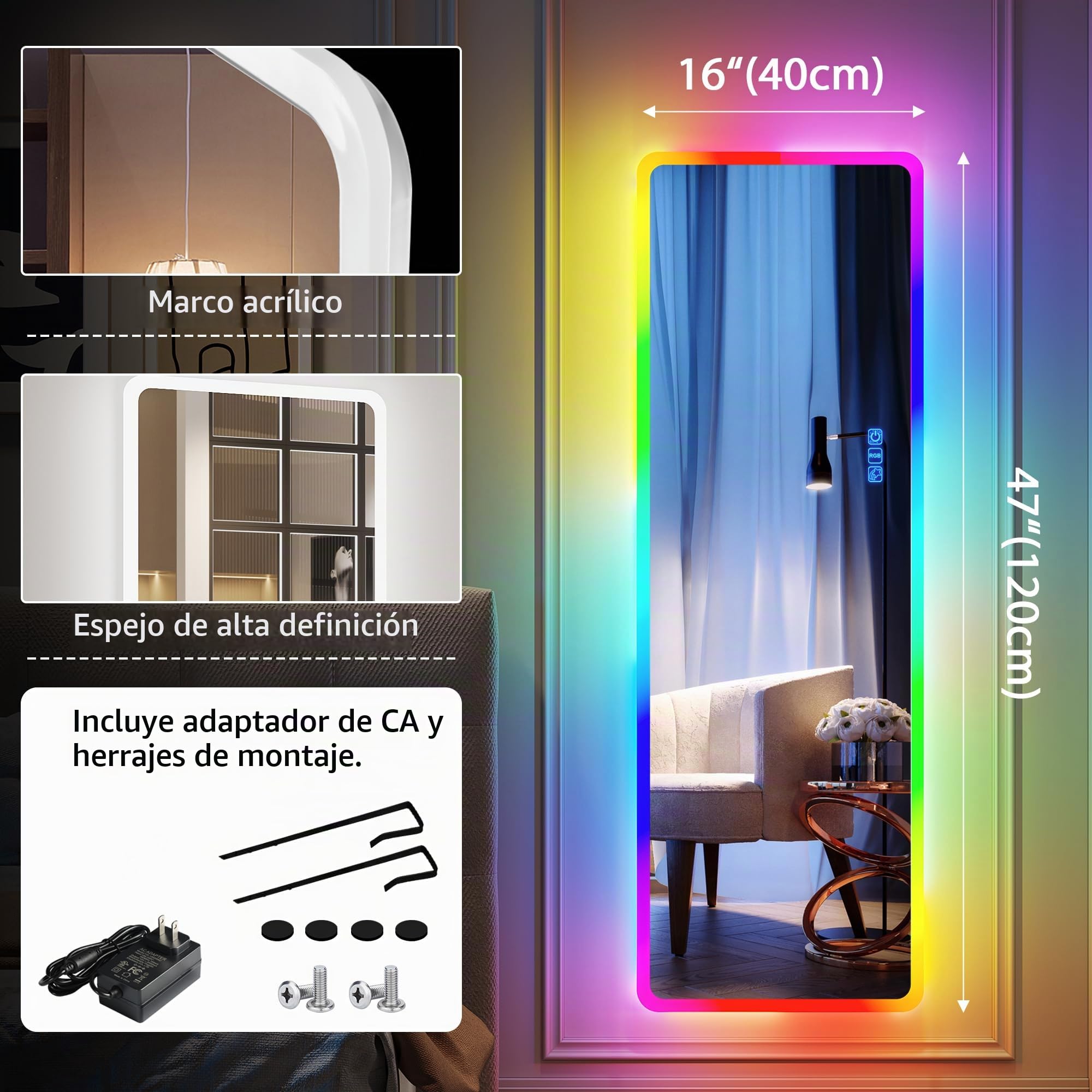 Vlsrka Espejo Cuerpo Entero Pared RGB,120x40cm Espejo de Colgar Puerta