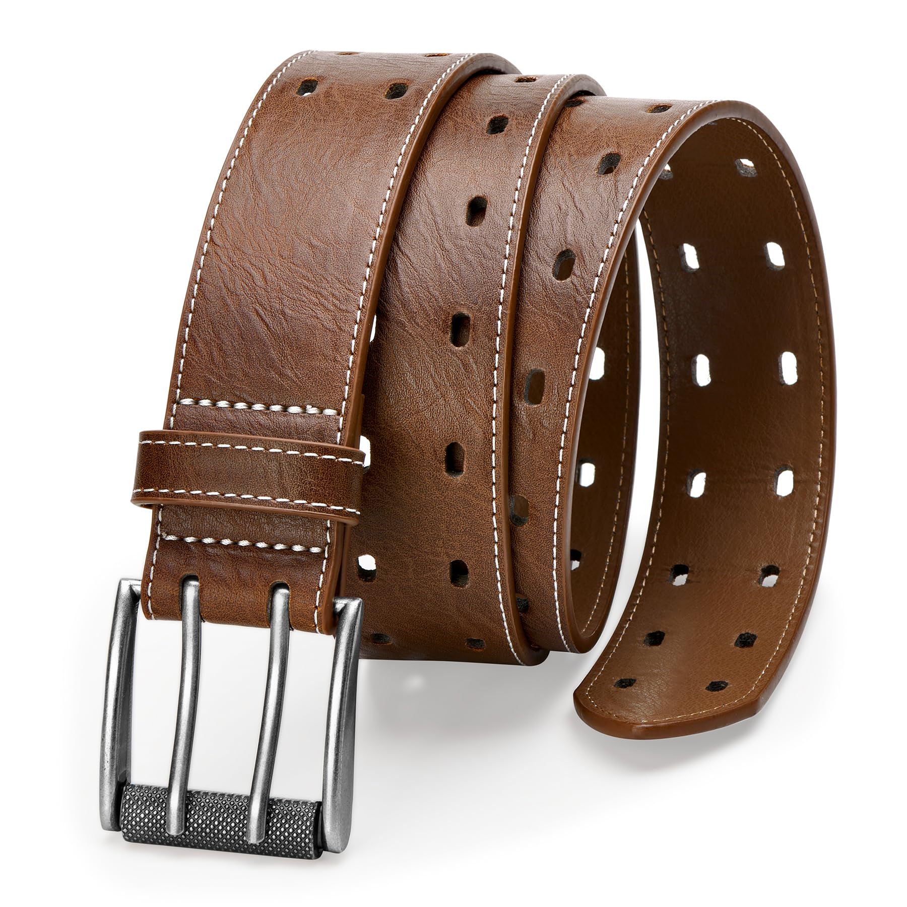 Men Punk Classic Double-Prong Genuine Leather Belt Heavy Duty Rivet Jeans Pants Fashion Black